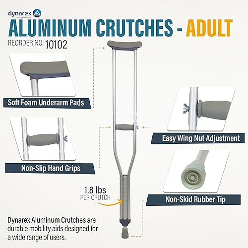 Miniatura 18 de Dynarex Muleta universal de aluminio, niños a adultos - 4'7" a 6'7", ajuste de altura con botón pulsador, axila acolchada y cómodos agarres de mano