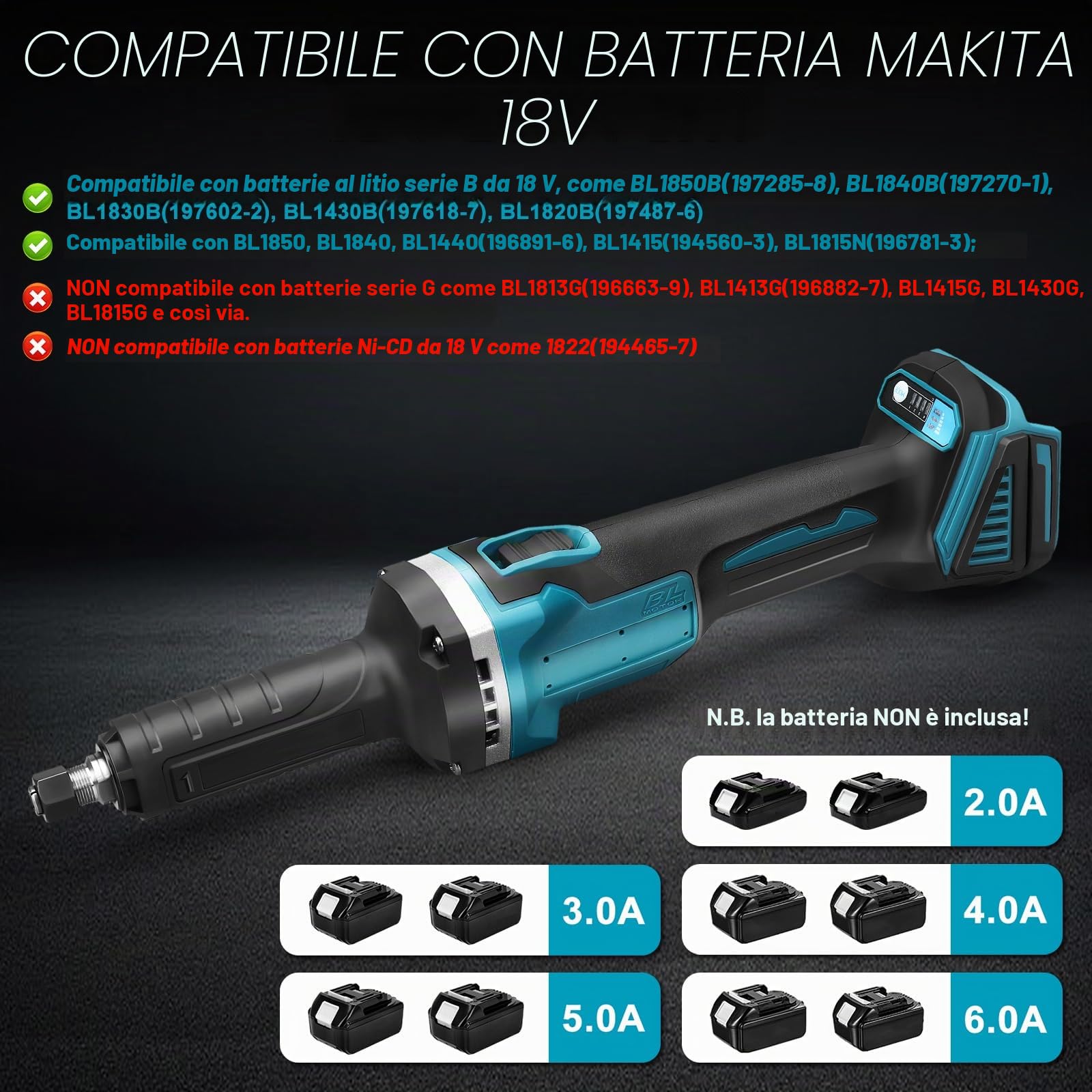 Smerigliatrice Dritta a Batteria Makita 18V, Senza Spazzole, Mandrino da 6 mm e 4 Velocità Variabili (Senza Batteria)
