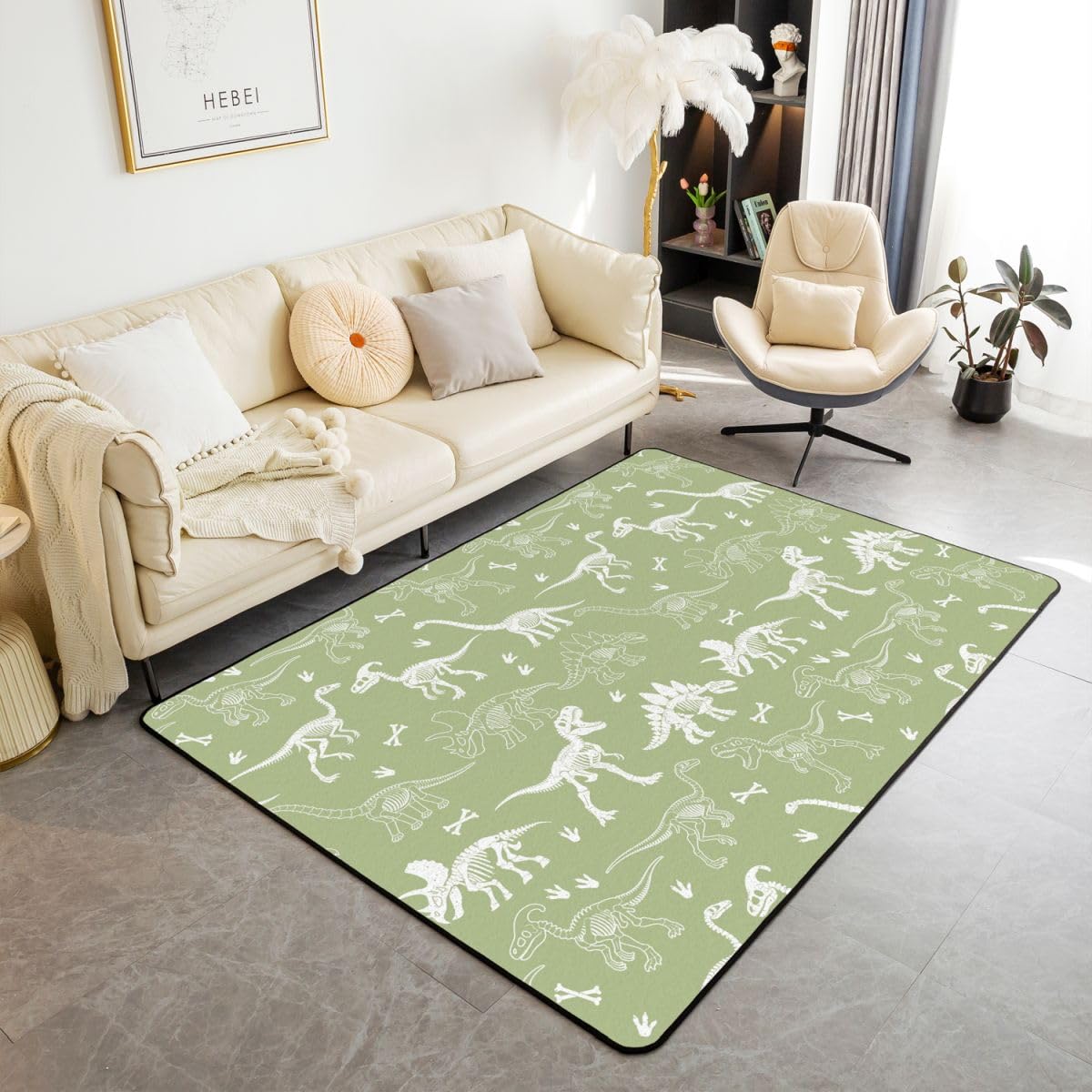 Dinosaurier Teppich 100x150cm Grün Weiß Süß Dino Modern Teppich Dinosaurier Lover's Geschenk Wohnzimmerteppich Dschungel Tier Küchenteppich Weich Waschbar