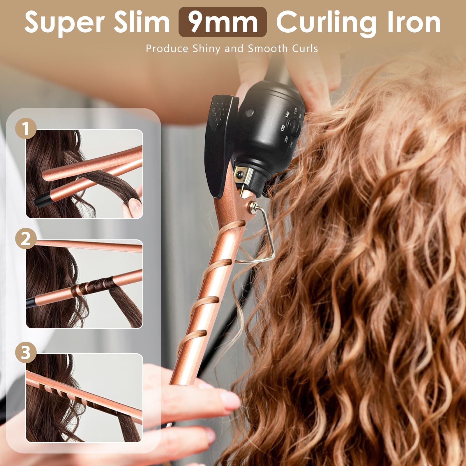 HyAdierTech Arricciacapelli, Ferro Capelli con Rivestimento in Ceramica, 9 mm Curve Thin Wand con Scelta di Temperature 80 ℃ - 230 ℃, Ferro Arricciacapelli a Riscaldamento Rapido, per Ricci Stretti