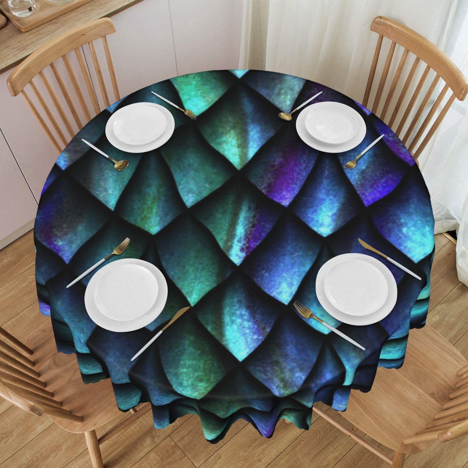 DCEHGEW 60 In Round Tablecloth with Lace, 3D Magical Dragon Scales Pattern Printed Oilproof & Washable Fabric Picnic Table Cloth Table Covers
