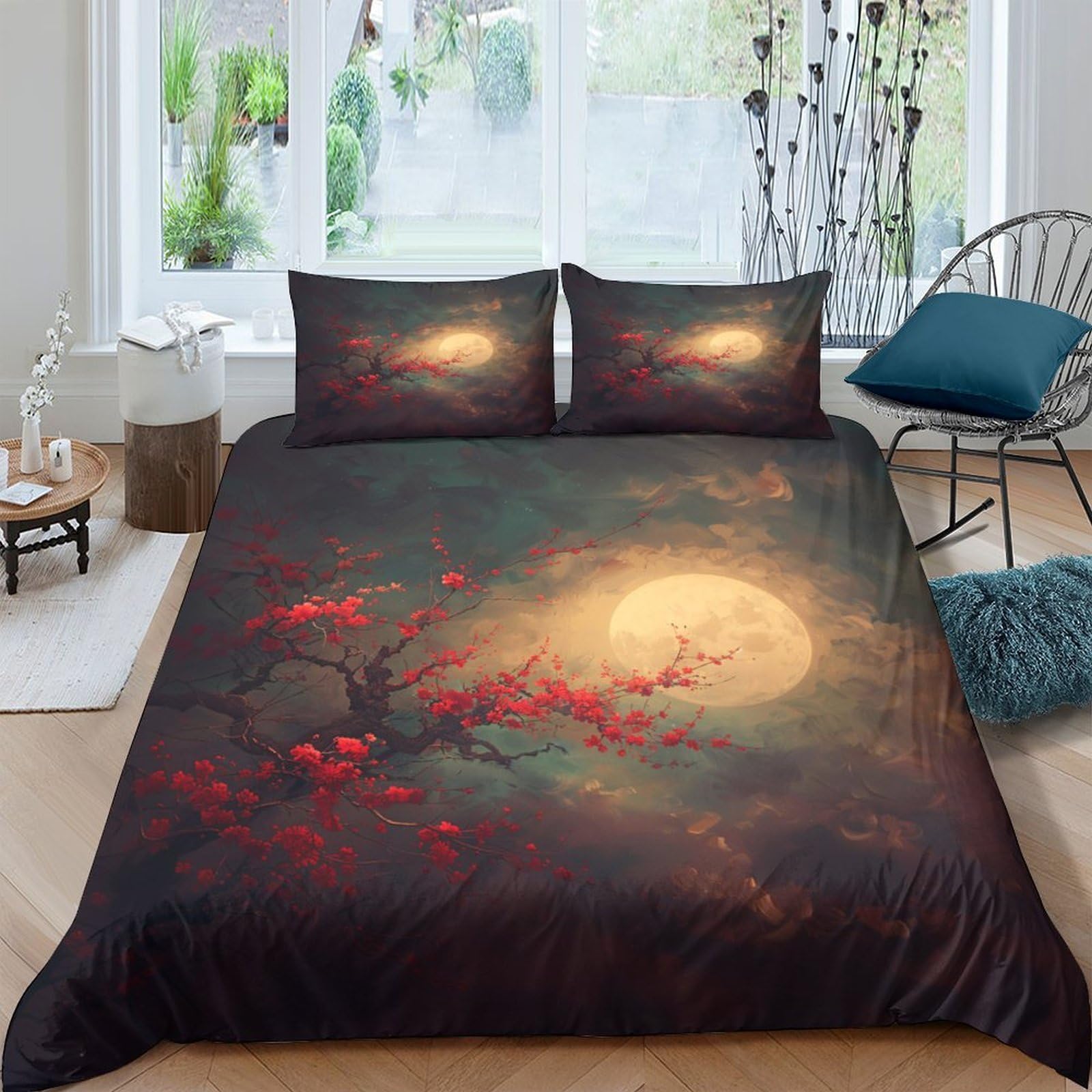 Ctjqhvkz Style-3 3D Printed Moonlight Night Fitted Sheet Microfiber Soft Breathable Sakura Branch Mattress Cover For Bedroom Home Decor Single（135X200cm）