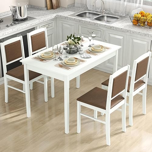 Miniatura 2 de Tangkula Juego de mesa de comedor para 4, juego de comedor de madera maciza de granja con patas de madera de goma, asiento tapizado y respaldo