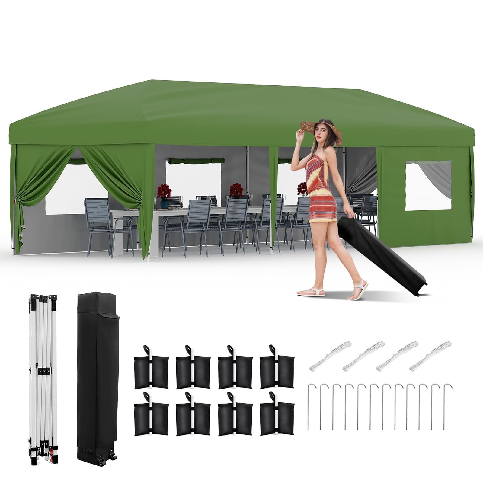 Photo 1 of 10x30 Pop Up Canopy Tent with 8 Removable Sidewalls, Heavy Duty Commercial Canopy Portable Party Tent, 3 Adjustable Heights, Includes Weight Bags, Stakes & Wheeled Carry Bag Khaki