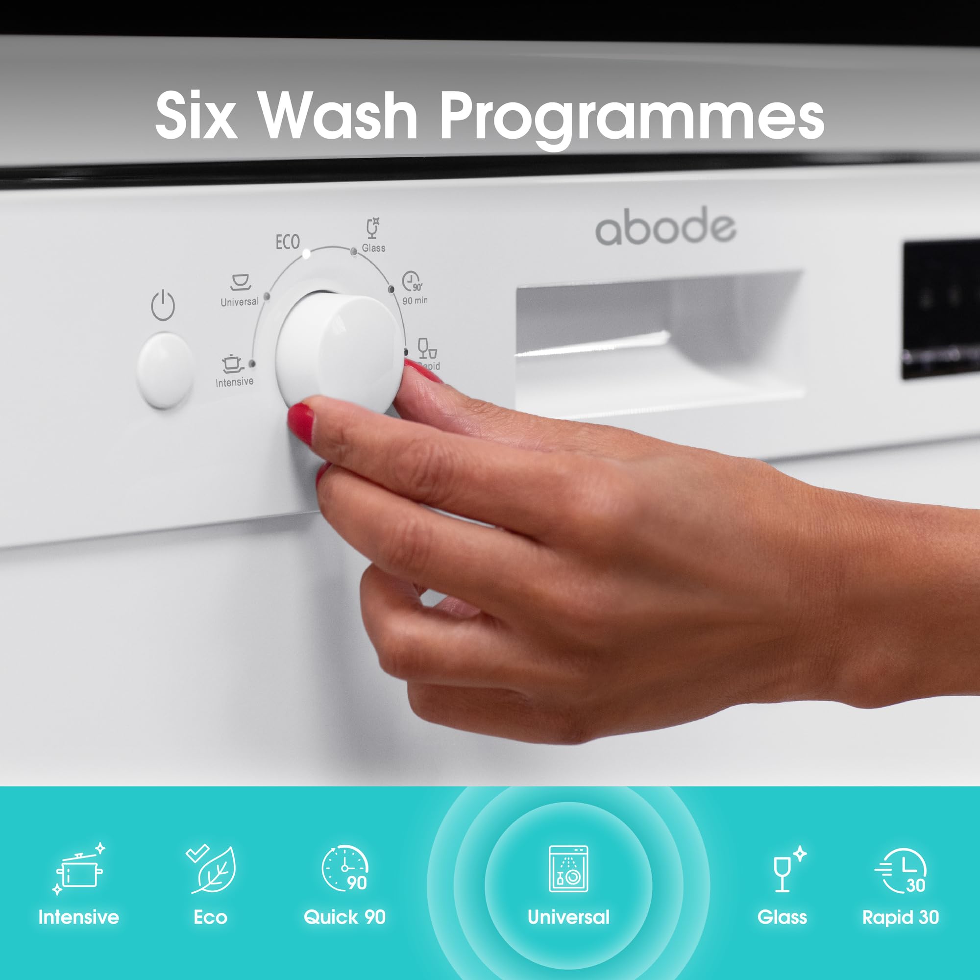 Abode Freestanding Dishwasher Class E with 12 Place Settings, 6 Wash Programs, 24-Hour Delay Start, Removable Cutlery Basket & Deep Clean Function in White A60DW00E1W — view 6