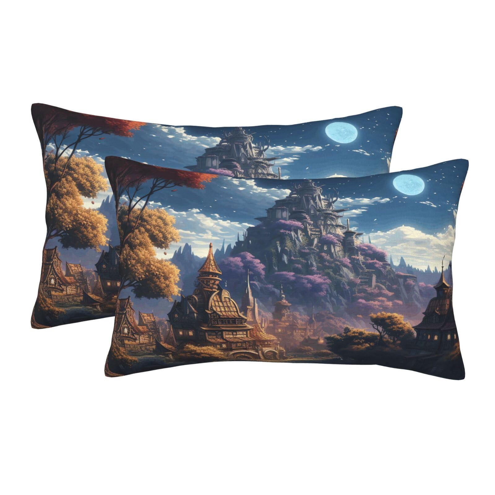 2 Pack Standard Size Pillow Cases for Hair and Skin Soft Breathable Pillow Case Covers with Hidden Zipper Fantasy Town Pillowcase 16"x24" Pillow Cover for Sleeping Gift
