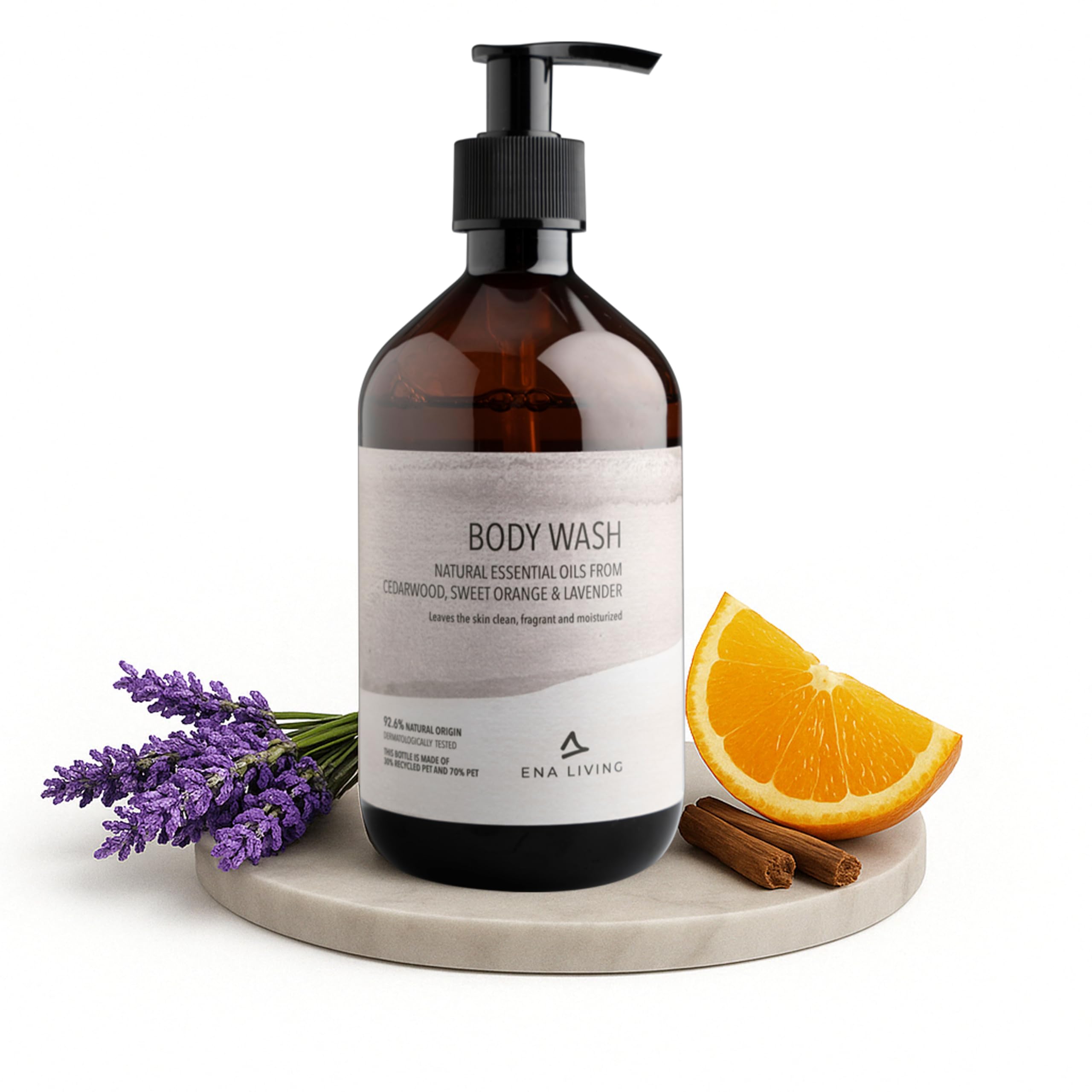 ENA Living Cedar Scented Body Wash | 500ml | Body Wash for All Skin Types | Fragranced Body Wash with Sweet Orange, Lavender and Cedar Oils | Dermatologically Tested | Sensitive Shower Gel