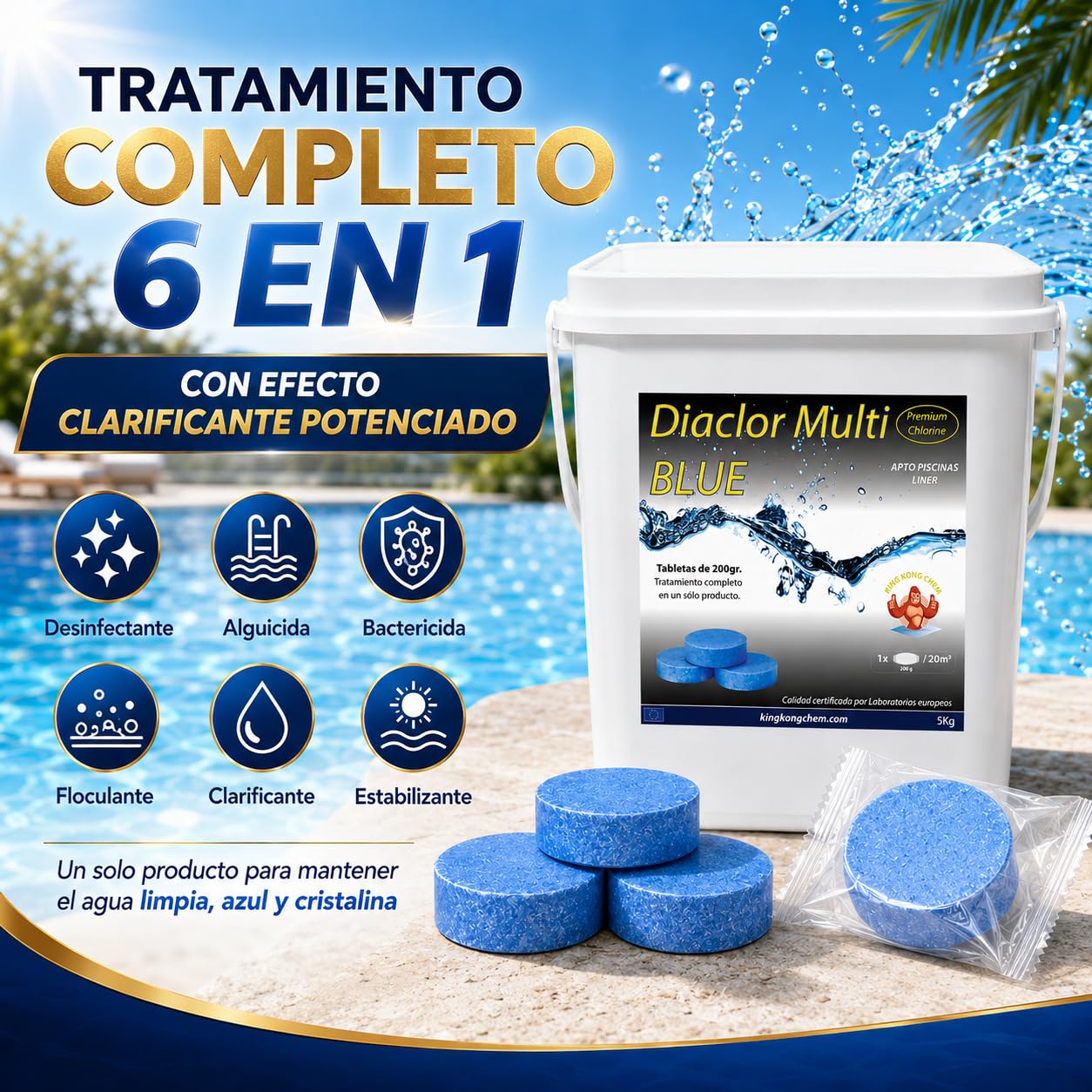 Pastillas de Cloro DIACLOR Multi Blue 200 gr 5 KG Extra clarificante - Envasado Individual - 25 Pastillas de Cloro Multiacción (Pastilla 200 gr - Diámetro 7,5 cm) – SIN Cobre