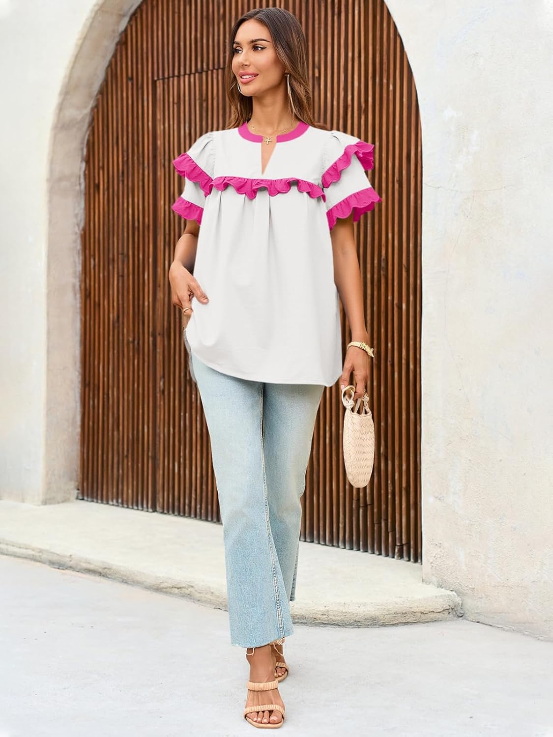 Tankaneo Womens Ruffle Sleeve Babydoll Tops Color Block Summer V Neck Pleated Blouse Dressy Casual Loose Fit Shirts - Image 6