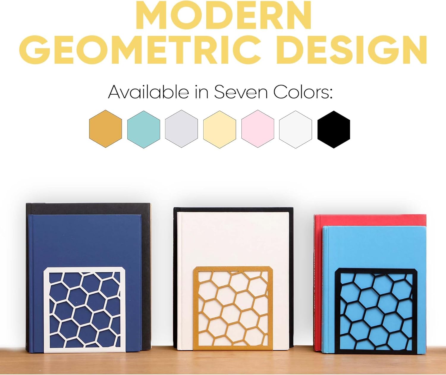 GEOMOD Geometric Honeycomb Yellow Metal Bookends Decorative - Tall Sturdy Book Ends for Shelves - Modern Heavy Duty Bookend Stopper - Office or Home Book Shelf - 6x3.25x6.25 Inches - 1 Pair