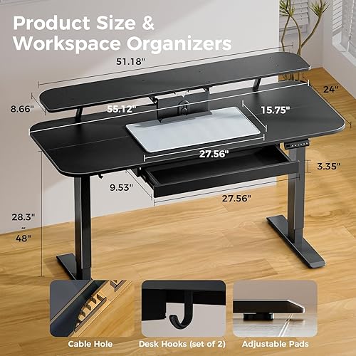Miniatura 10 de COMHOMA Escritorio eléctrico de pie con cajones, escritorio de pie para sentarse de 48 x 24 pulgadas con soporte para monitor, soporte para laptop,