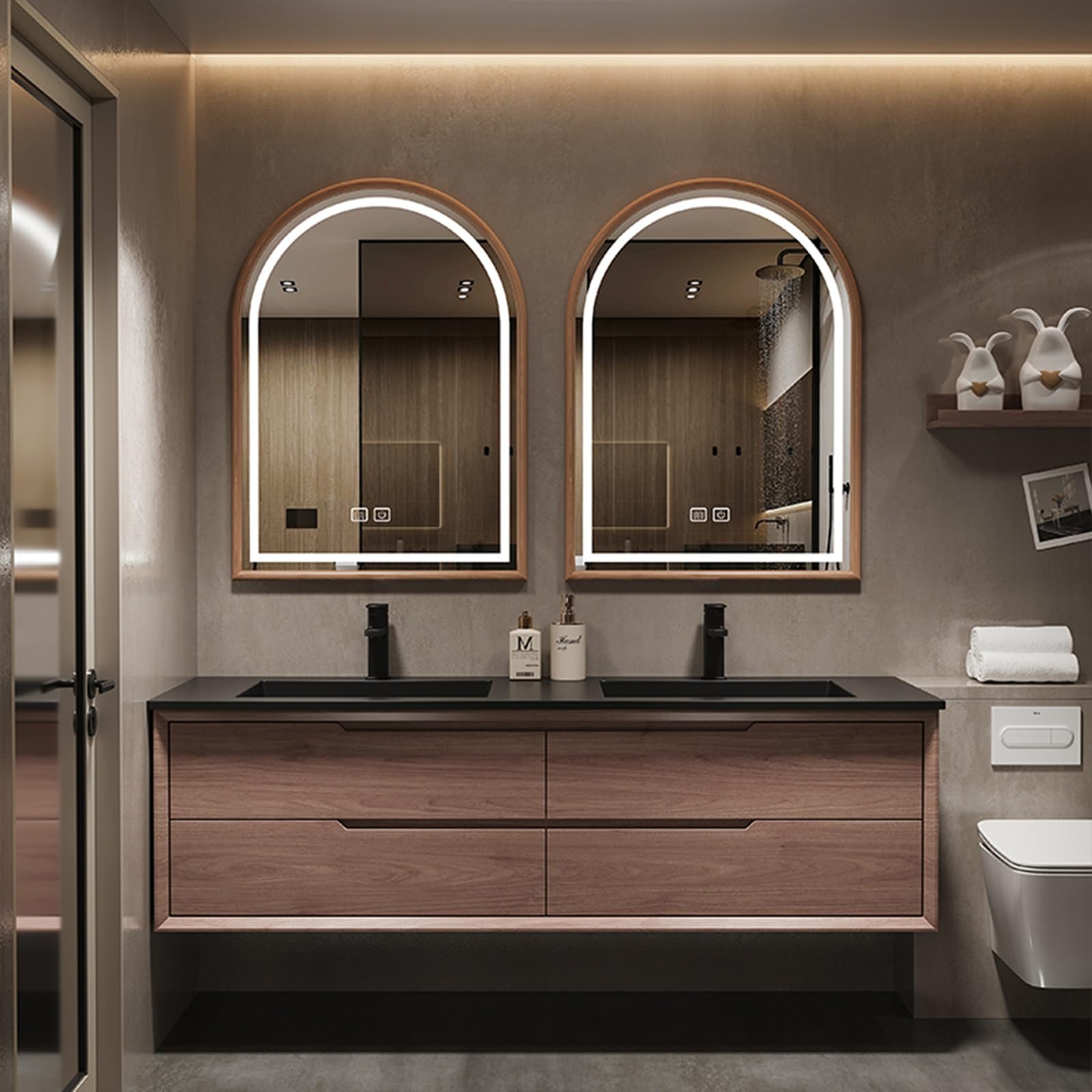 Miroir De Salle De Bain Lumineux LED, Miroir Arqué À Cadre en Bois Rustique, Miroir De Courtoisie avec 3 Couleurs De Lumière Dimmables(Light Brown,50x70cm/19.7x27.5in)