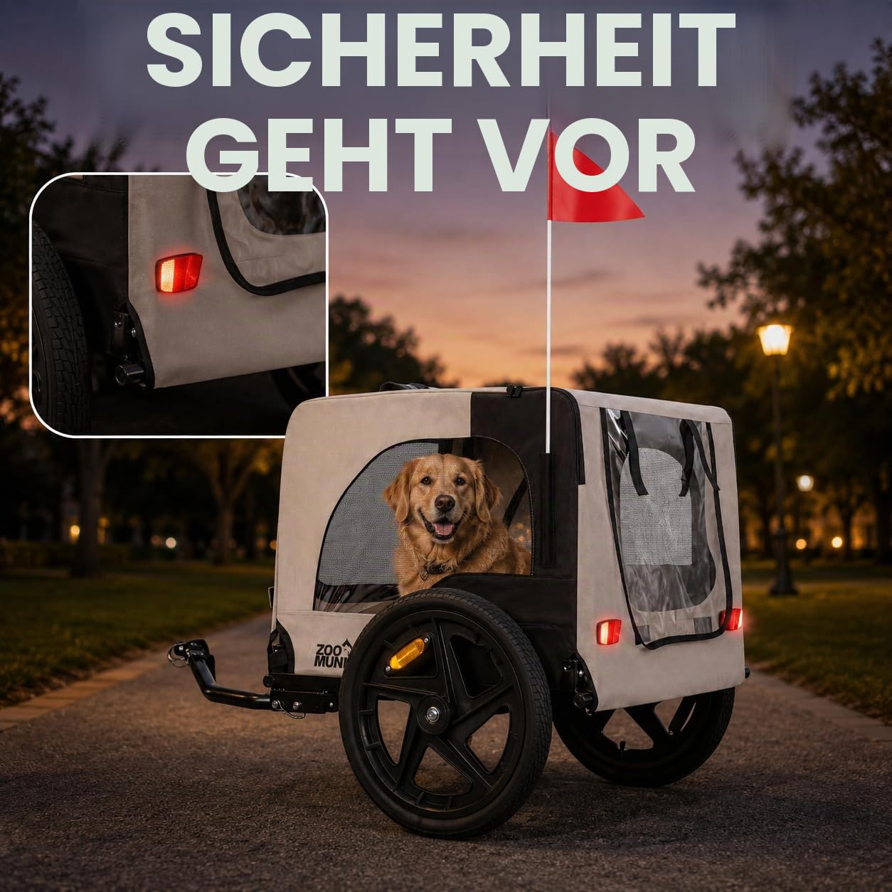 zoomundo Fahrradanhänger Hundeanhänger Transport - Jacky in Beige/Schwarz | Stabiler Hundeanhänger mit 15-Zoll-Luftreifen, 40 kg Zuladung, Regenschutz, Fliegengitter & klappbarem Rahmen.