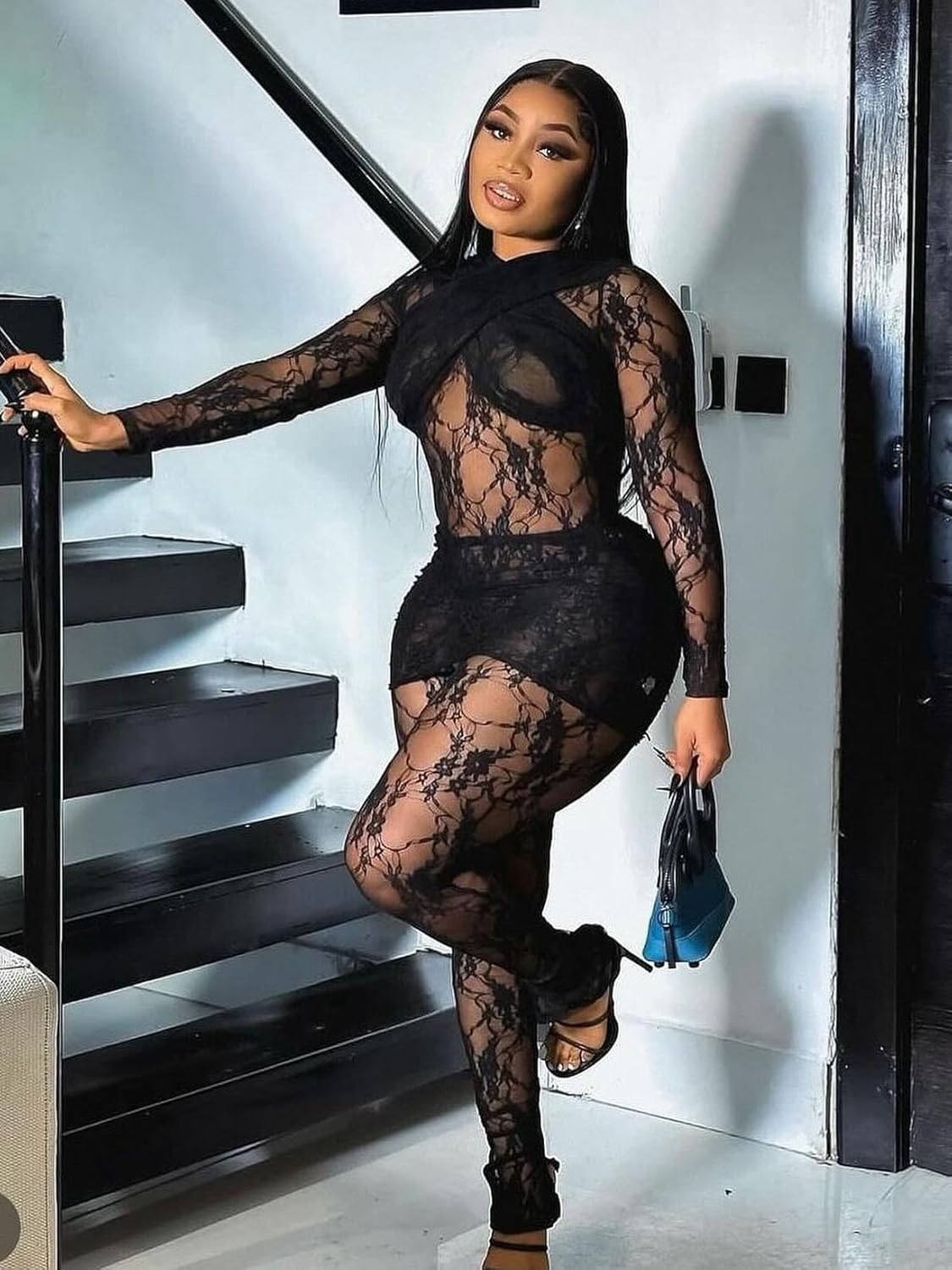 Ophestin Sexy Two Piece Outfits for Women Floral Lace Sheer Mesh Long Sleeve Top Bodycon Pants Set Club Outfits Matching Sets - Image 3