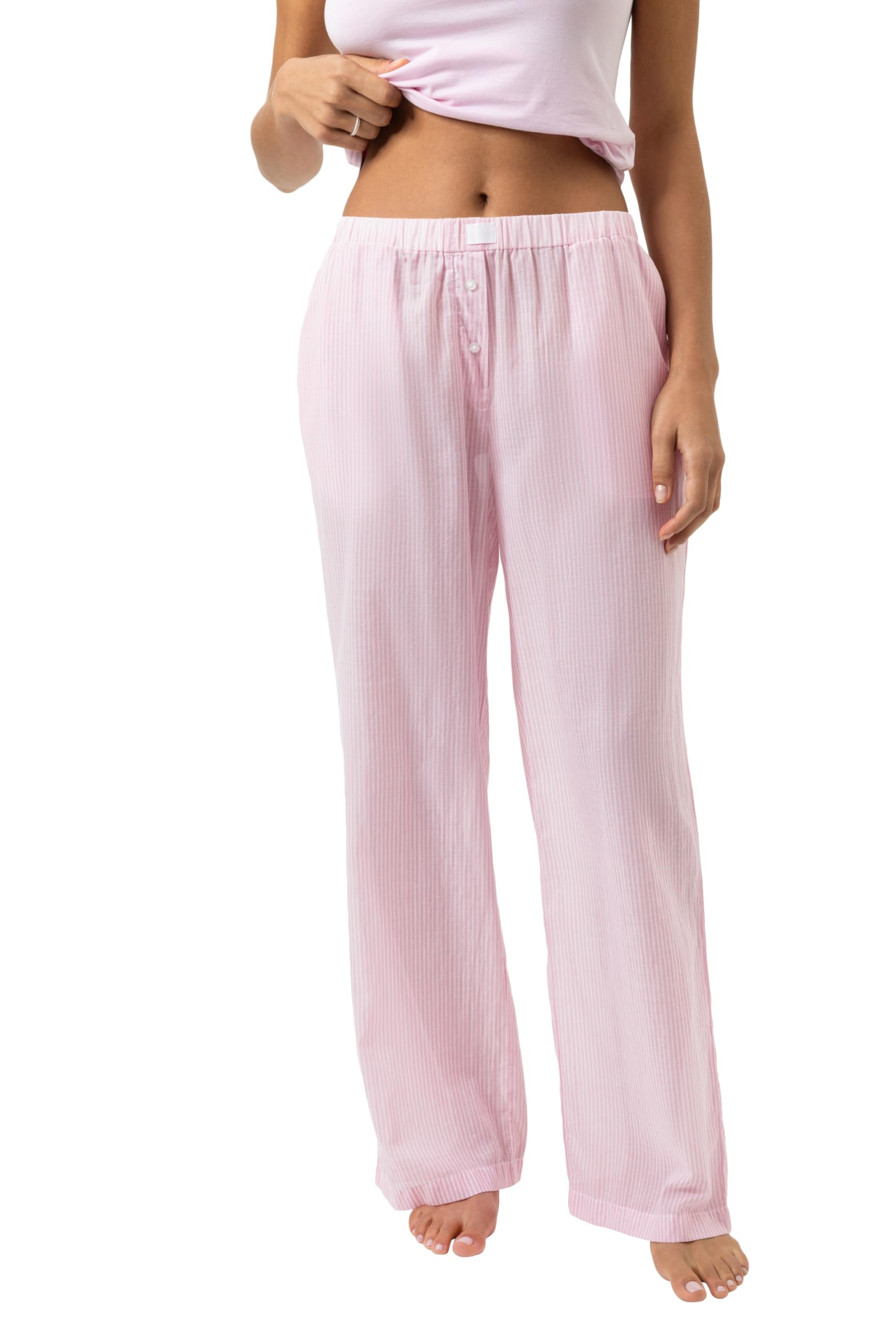 Mey Damen Hose lang: Leichte Schlafhose, Lässiger gerader Schnitt, Seitliche Taschen, Gummibund mit Zierknopfleiste, Powder-Blue-Streifen, Serie Cotton Stripes