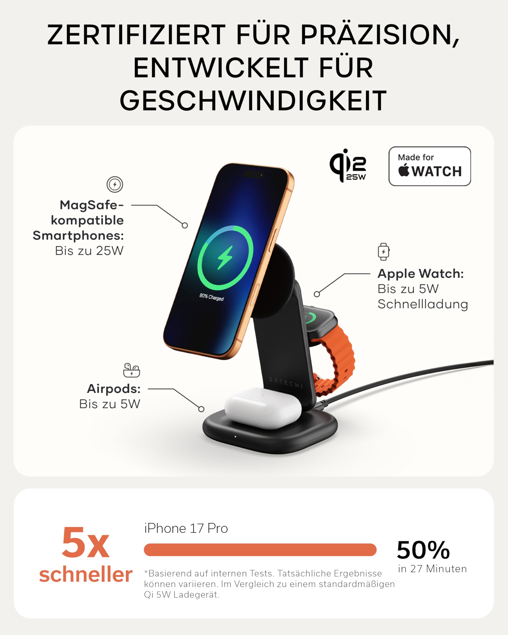 SATECHI Faltbarer 3-in-1 Qi2 Ladeständer, 25 W | 45-W-USB-C Netzteil enthalten, für iPhone 17, Apple Watch Series 11 und AirPods