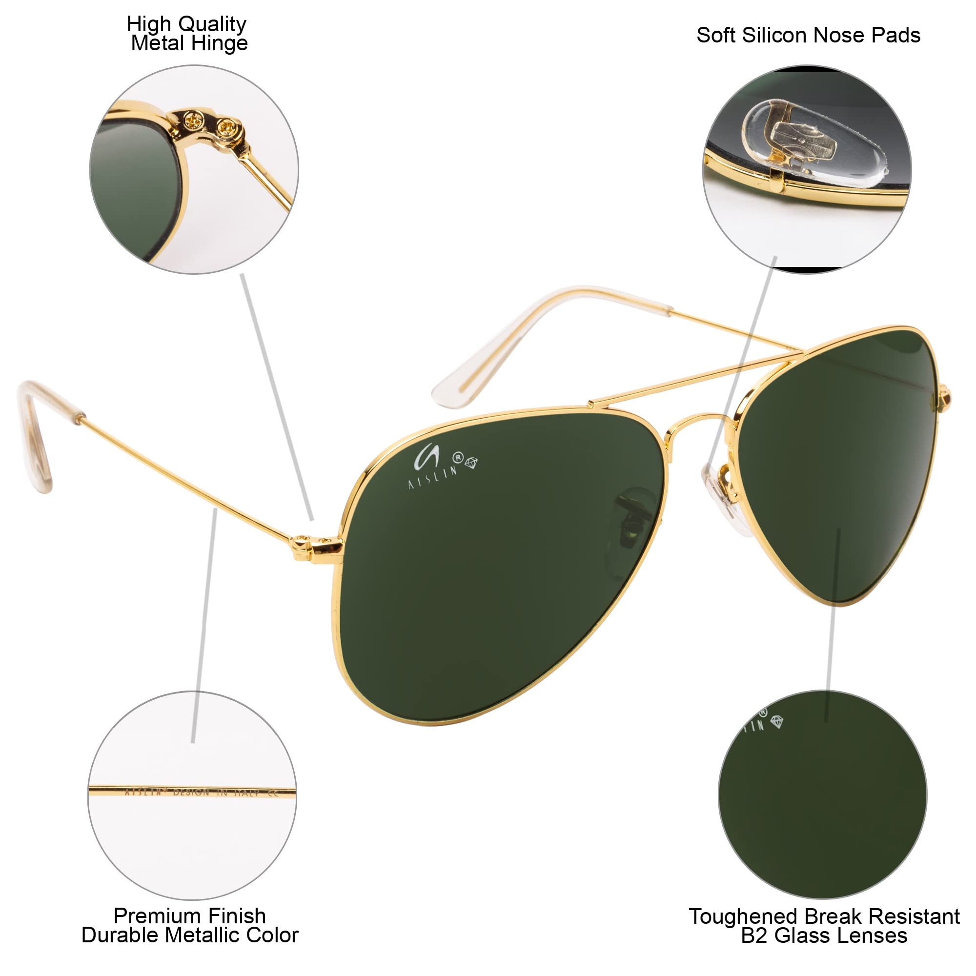 Aislin Toughened Glass Aviator Sunglasses For Men And Women Large