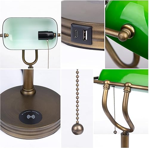 Miniatura 4 de Lámpara de cristal verde, lámpara de escritorio retro con puerto de carga inalámbrico USB, interruptor de cadena clásico de tracción, lámpara de