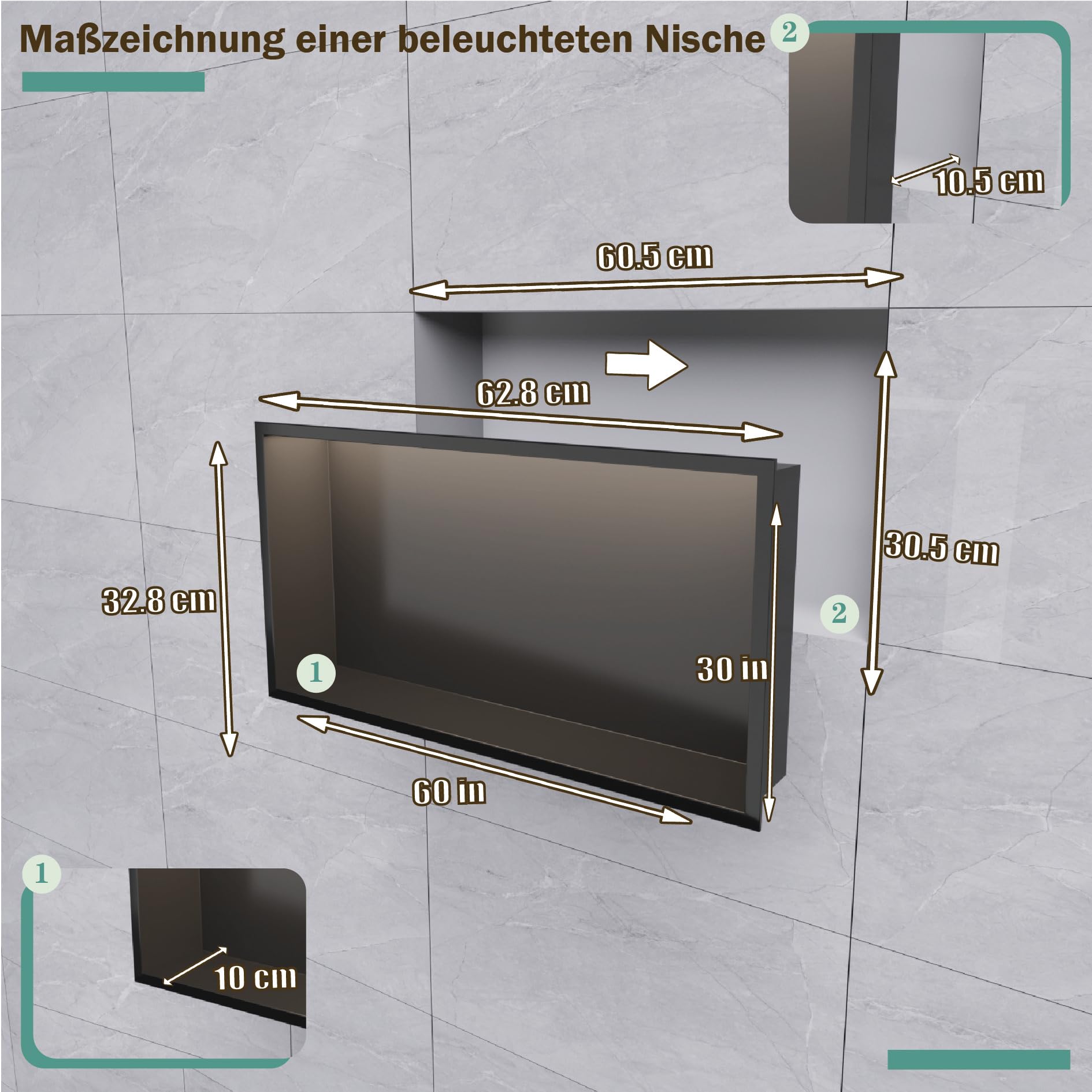 LED Edelstahl Einbaunische Wandnische für Dusche，Integrierte Fliesenlose Duschablage aus Rostfreiem Edelstahl, Badezimmer-Aufbewahrung für Shampoo & Duschgel (Matt schwarz, 60X30cm)
