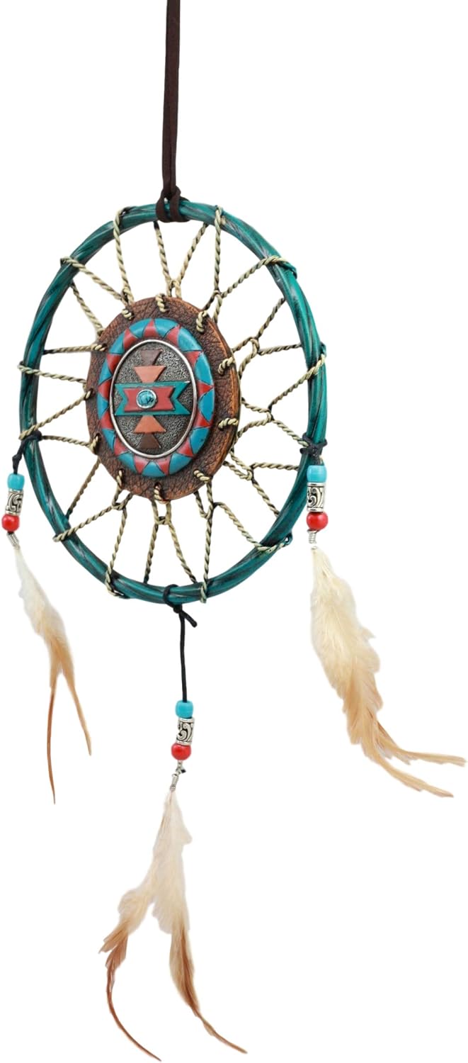 Ebros Native American Healing and Protection Blue Sky Stone Turquoise Dreamcatcher with Beaded Feathers Wall Hanging Decor 6.5" Diameter Decoration Ornament Hanger for Home and Office