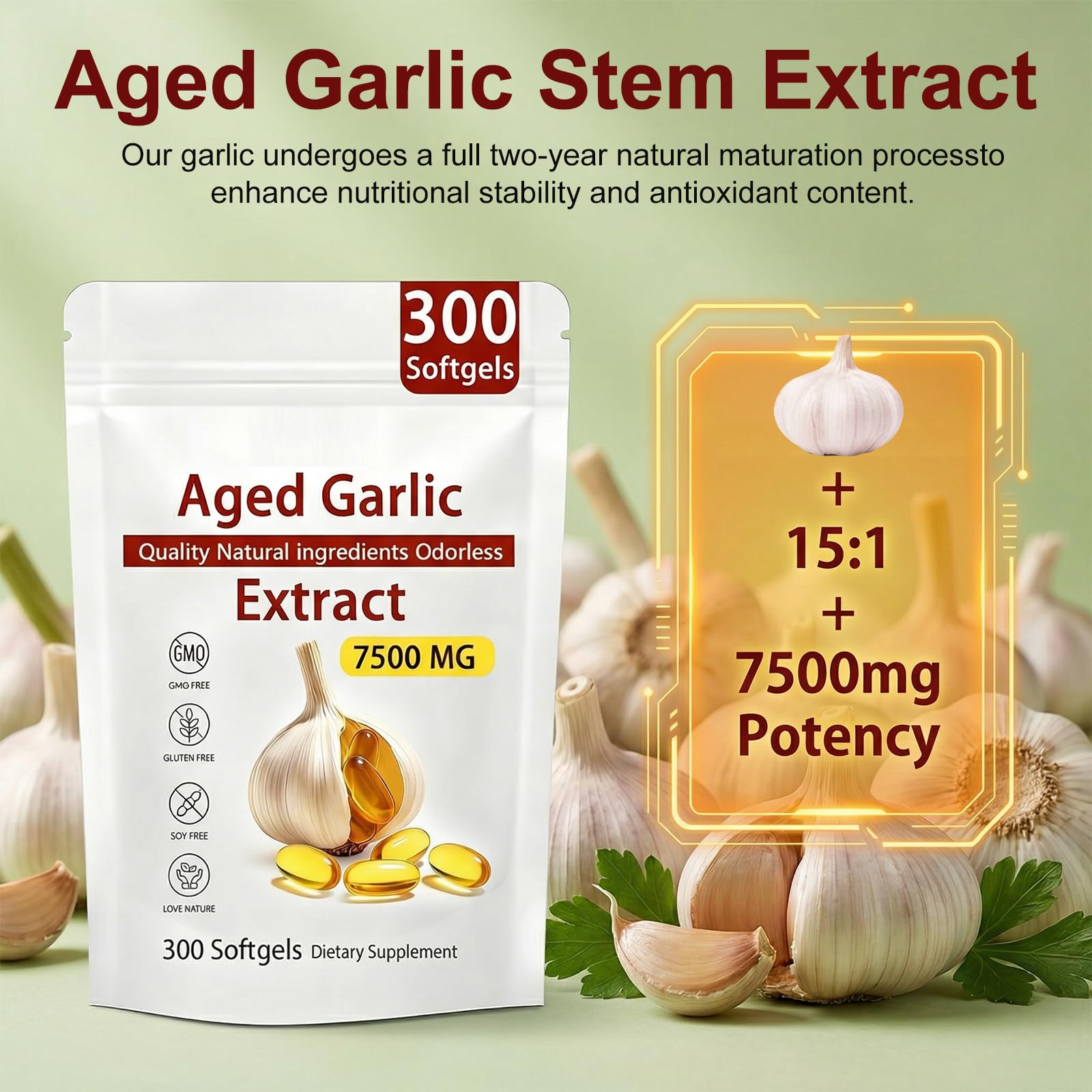 Aged Garlic Extract Capsules 7500mg Odorless – 300 Count Aged Garlic Supplement for Heart & Immune Support, 15:1 Concentrated Garlic Pills, Organic, Non-GMO, Vegetarian Softgels (1 PCS) — view 2