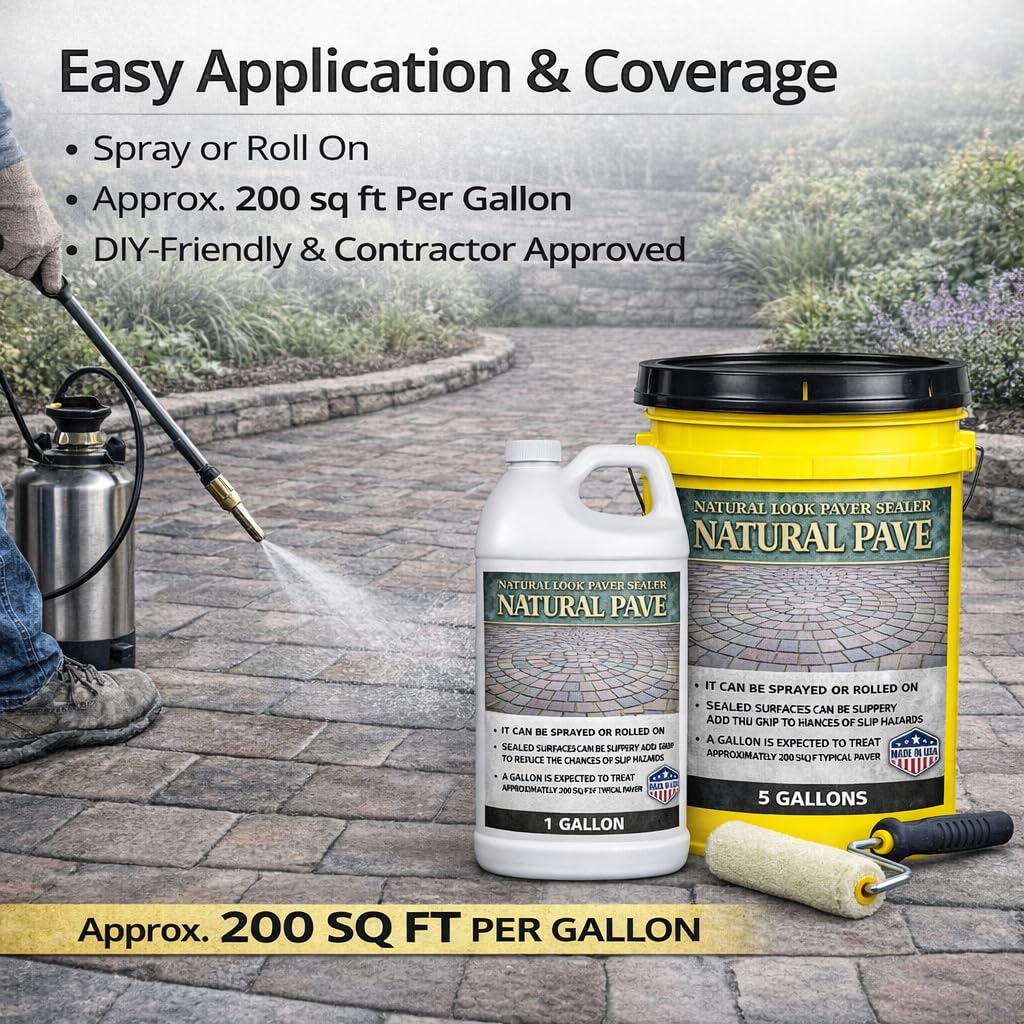Natural Pave Concrete & Paver Sealer – Clear, Water-Based Masonry Protection – Waterproof, UV Resistant, Locks Joint Sand & Enhances Color – Durable Paver & Patio Surface Protection - 5 Gallon