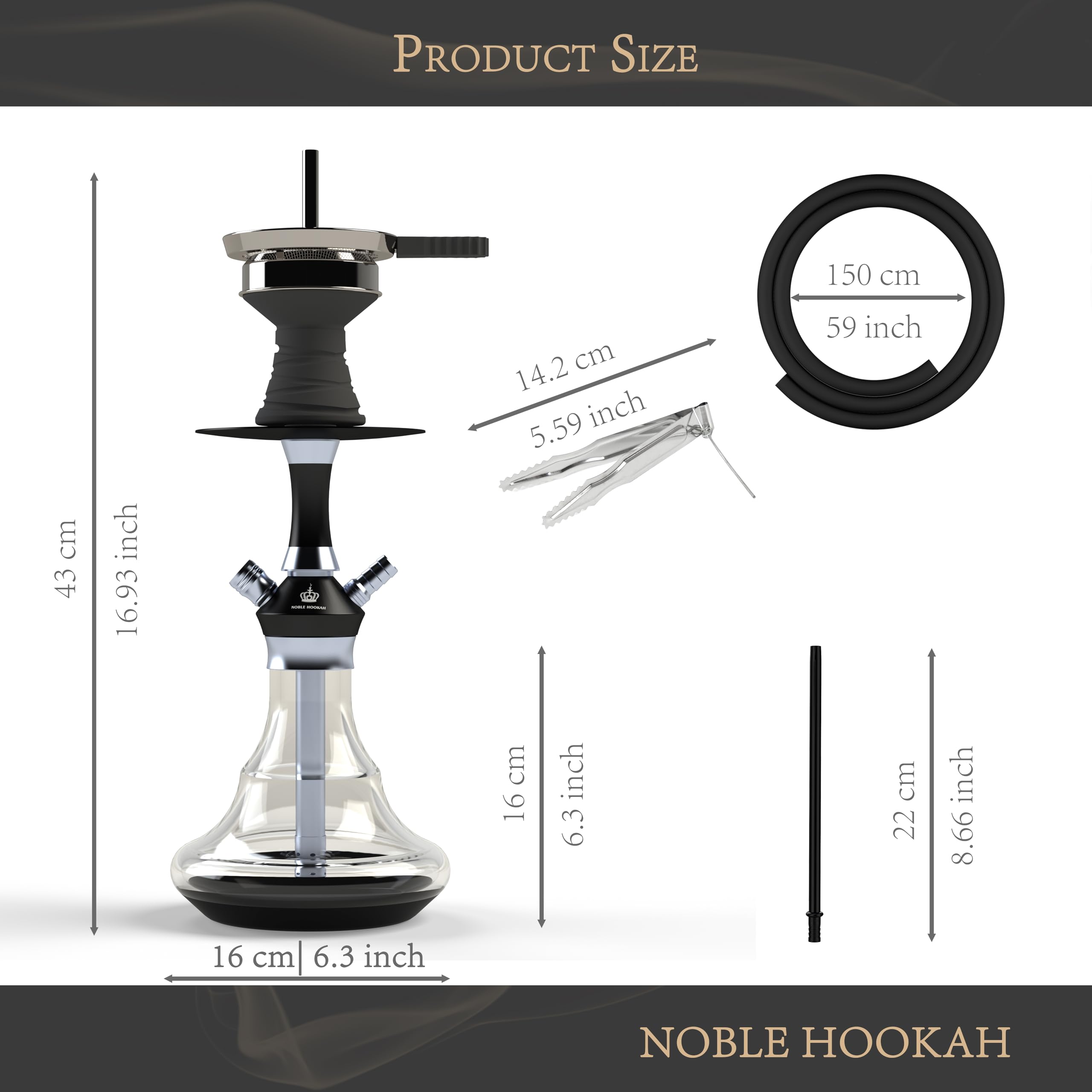 NOBLE HOOKAH Set de Cáñamo Pequeño de Viaje de 43 cm con Accesorios, Botella Soplada a Mano y Pipa de Acero Inoxidable, 1 Manguera y Asa