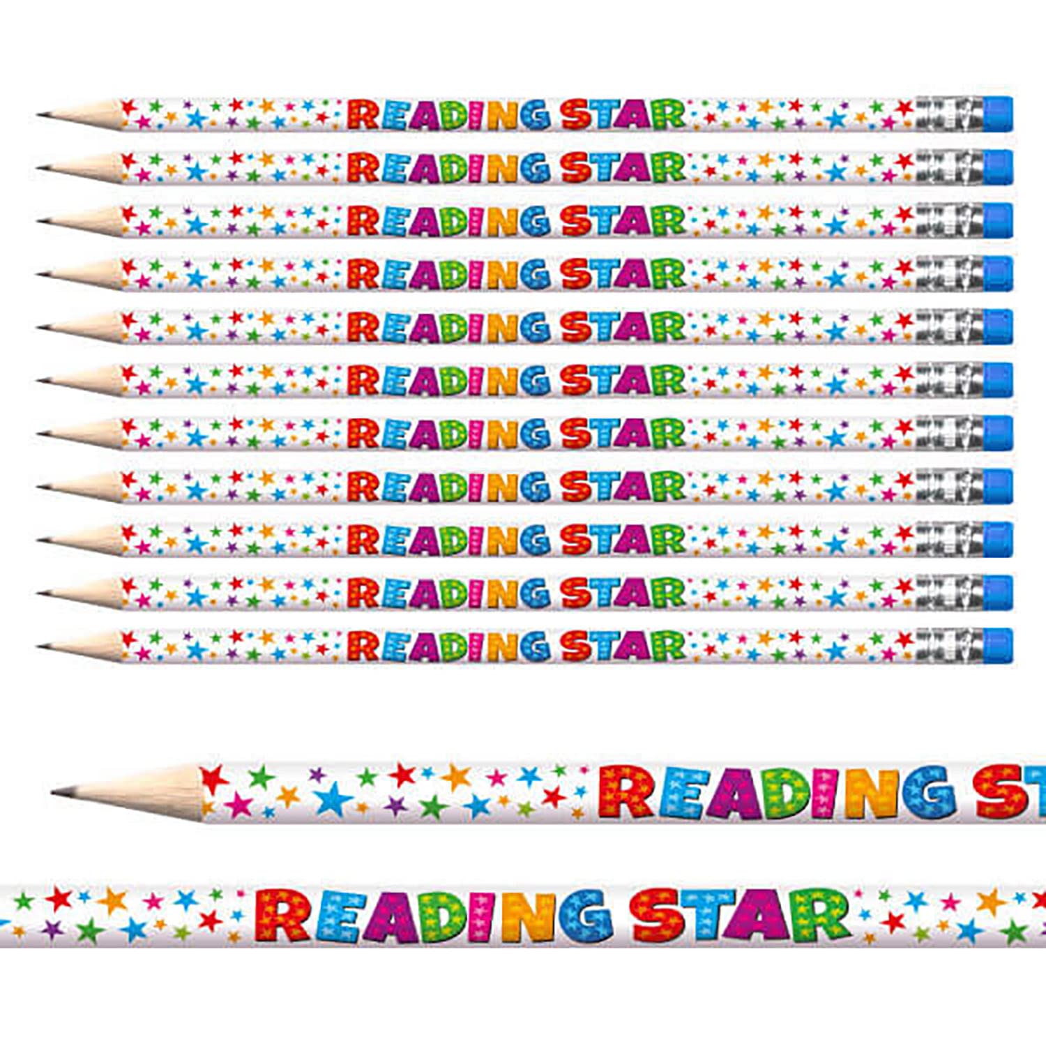12 Rainbow Metallic Reading Star Award Pencils Colourful Pupil Children Rewards Motivational Pre - Sharpened Brainwaves Primary Teaching Services