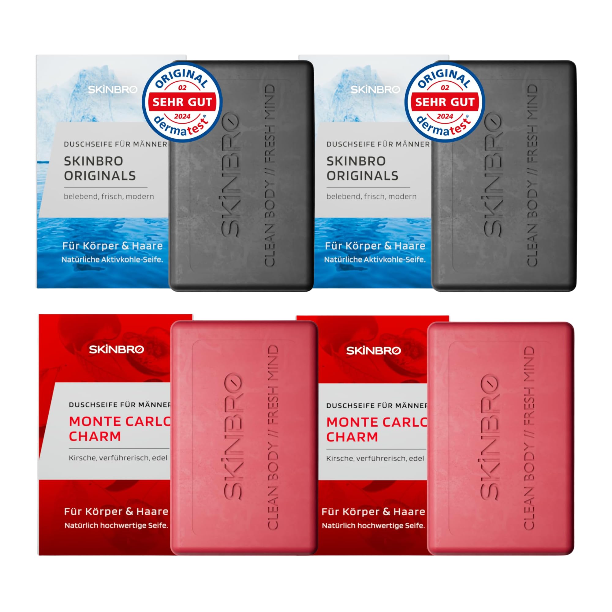 SKINBRO 4er Set Festes Duschgel Männer: 2x Aktivkohle & 2x Monte Carlo Charm – Vegane Duschseife für Haar, Körper & Bart – Nachhaltig & Made in Germany