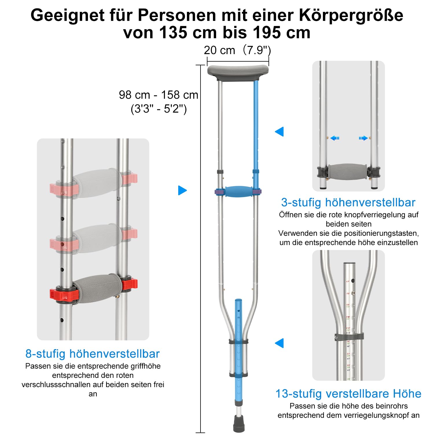 supregear Achselkrücken Höhenverstellbar (x2 stück), Leicht Aluminium Universelle Krücken für Senioren, Erwachsene, Krücken Gehhilfen mit Weichen Handgriffpolstern zum Gehen