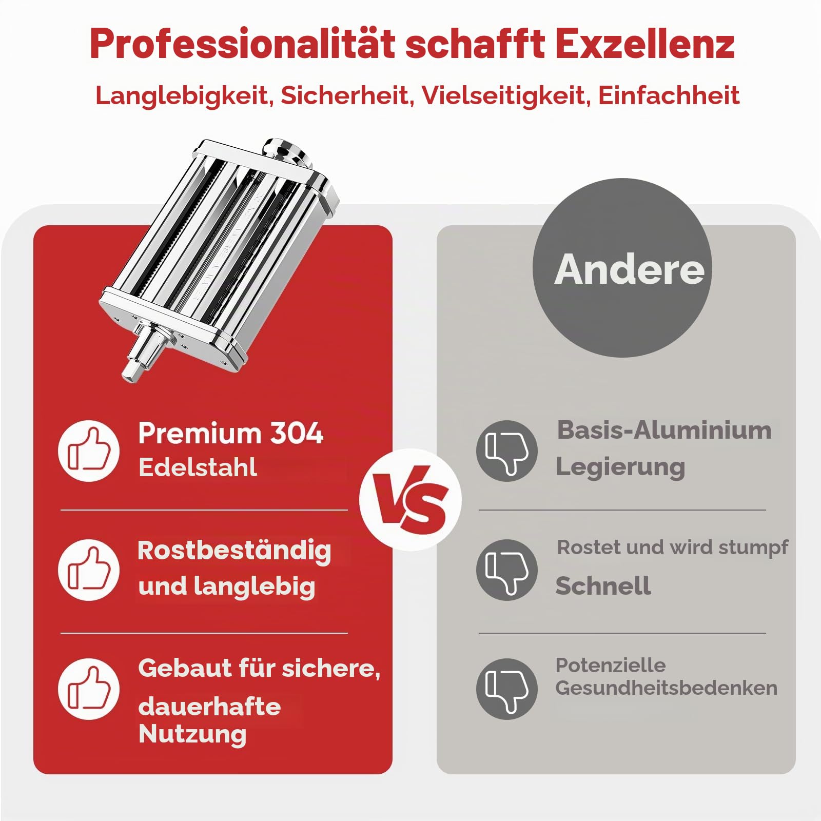 Gvode 3-in-1 Edelstahl Nudelaufsatz für KitchenAid Standmixer & Artisan, Pasta Zubehör für KitchenAid Set mit Nudelwalze, Spaghetti-Fettuccine-Schneider, 8 Dickenstufen & Edelstahl Führungsblech