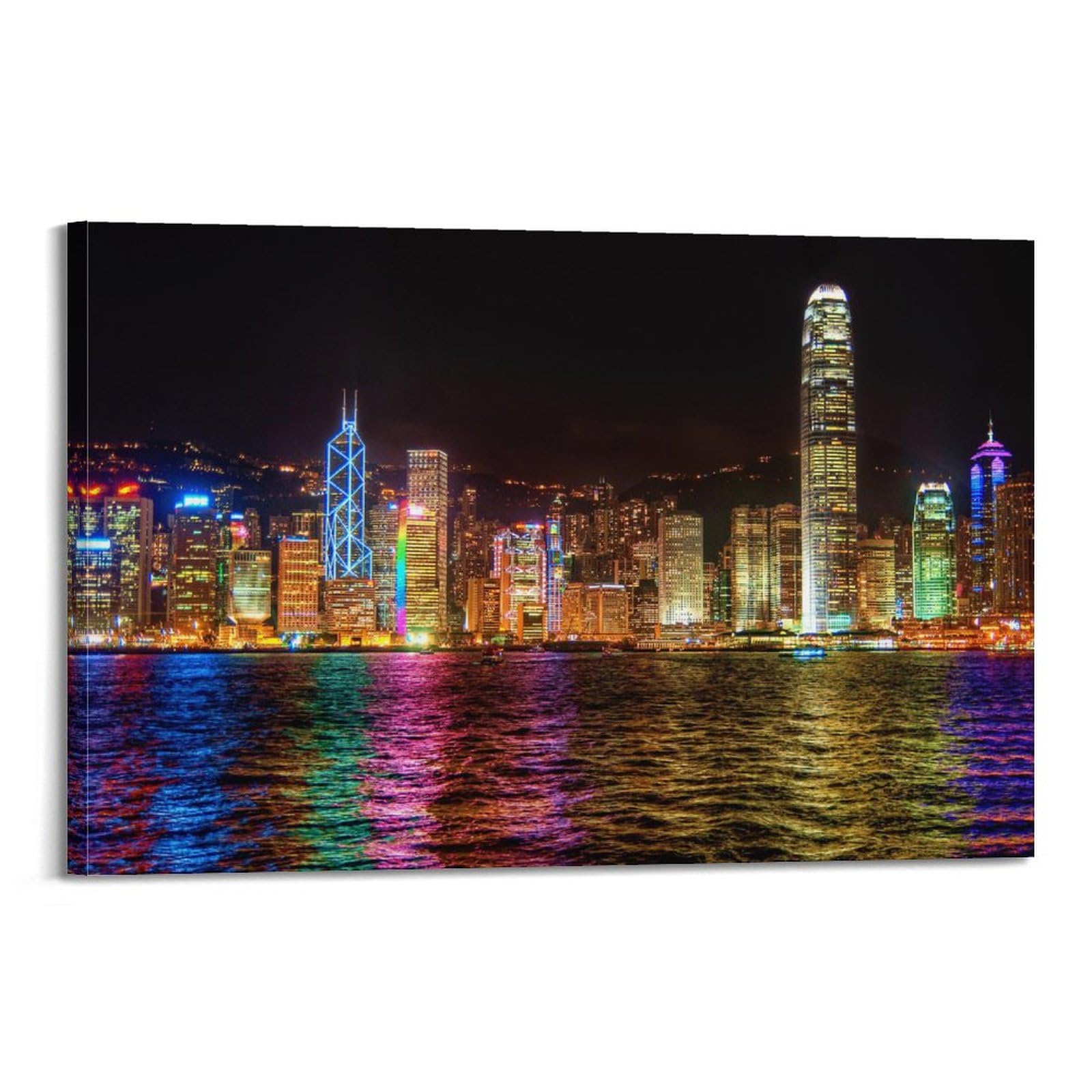 Kytin Frame-Style City Landscape Poster China Hong Kong Night View Of Victoria Harbour Decorative Painting Canvas 24X36inch(60X90cm)