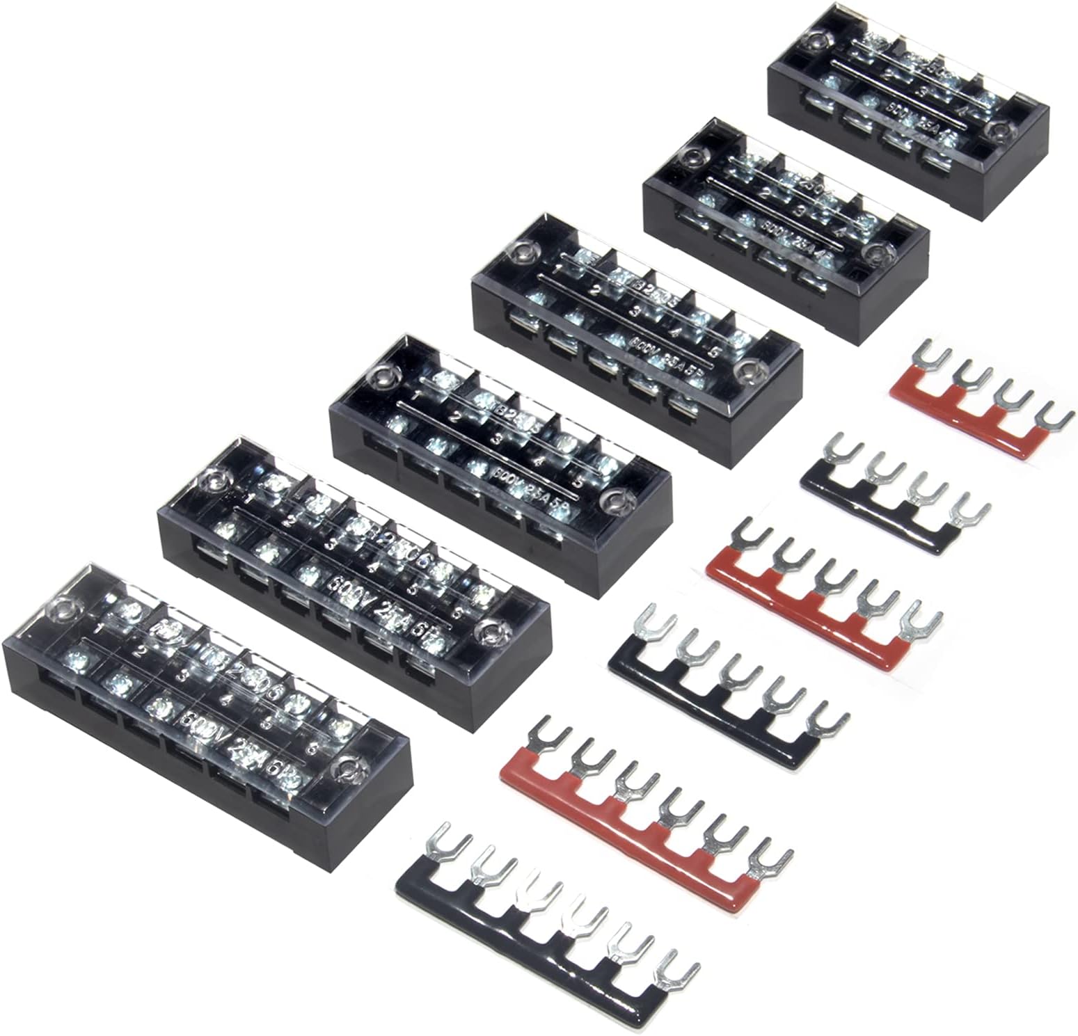 Terminal Block and Strip - 6 Sets 4/5/6 Positions 600V 25A Dual Row Wire Screw Terminal Strip Block with Cover + 400V 25A Pre-Insulated Terminals Barrier Strips Jumpers (Black & Red)