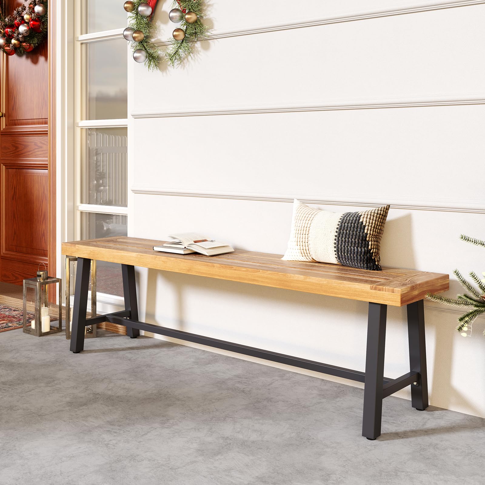 GIANTEX Banc de Jardin en Bois d'Acacia 160 x 32 x 45 CM, 3-4 Places Banquette d'Exterieure avec Barres de Support, Pieds Réglables, Charge 320 KG, Assise Large pour Terrasse, Parc (2)