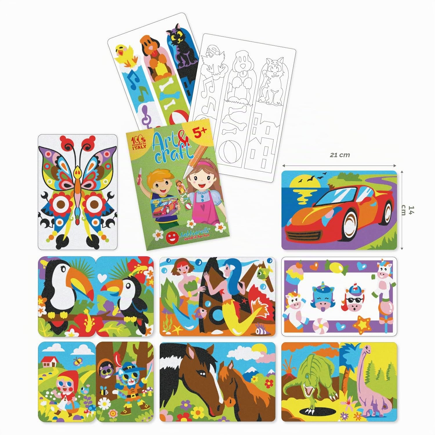 Sabbiarelli – Maxi Kit Art&Craft 5+ | Set de Sand Art con Motivos Variados | Dibujos y Láminas, Arena de Colores y 4 Espátulas | 100% Made in Italy | Niños 5-12 años