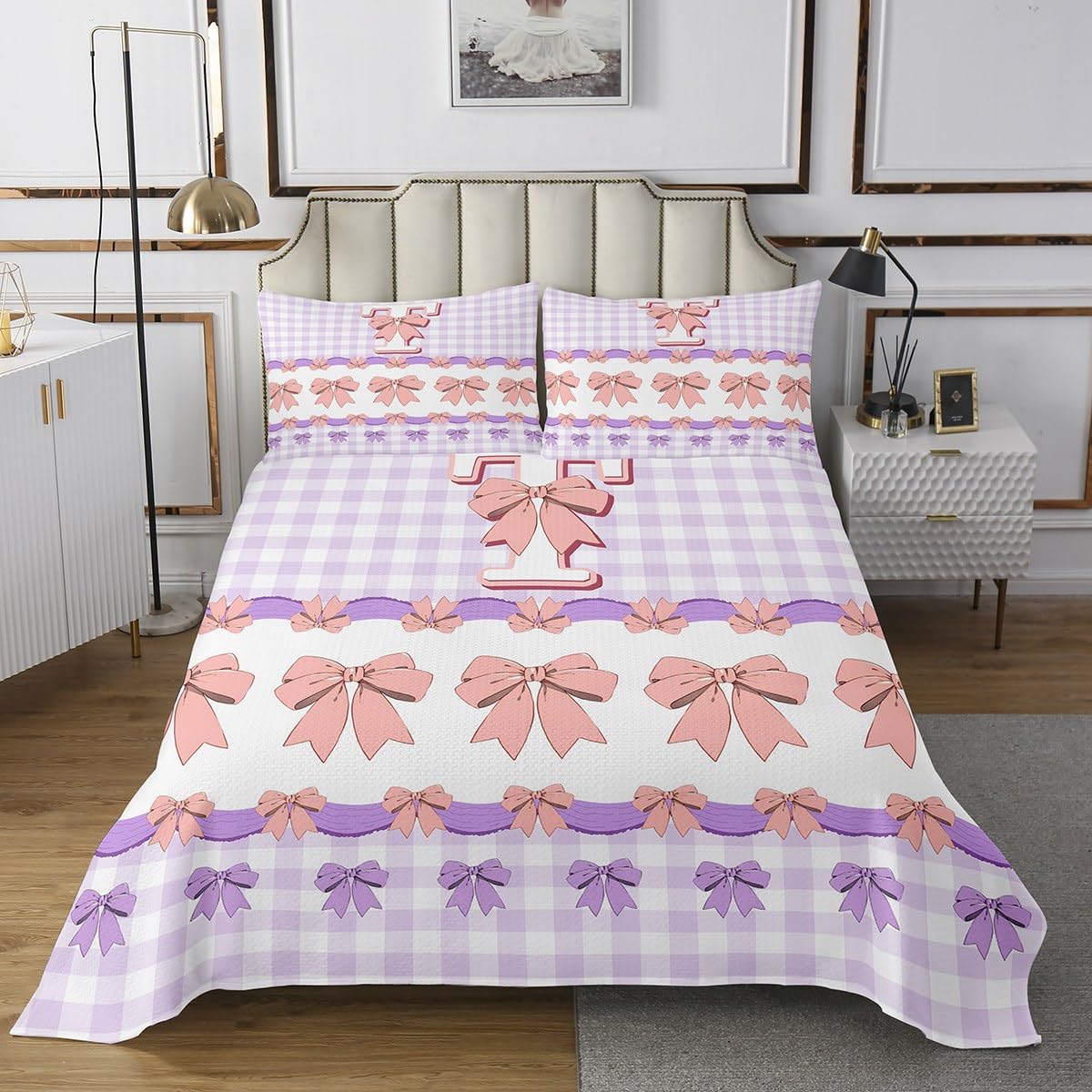 Początkowo A-Z kołdra w rozmiarze L, Kawaii Bow Tie Purple Checkered zestaw z 2 poszewkami na poduszkę, różowa kokardka, nadruk T, zestaw dla dzieci i dorosłych, oddychająca