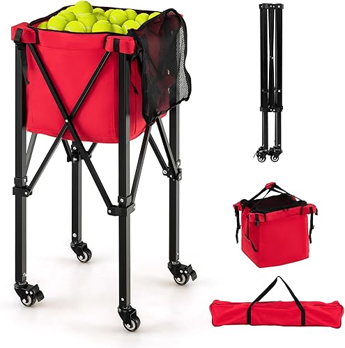 GYMAX Tolva de pelota de tenis, carrito plegable para 150 pelotas de tenis con bolsa de transporte, marco de fácil montaje, bolsa extraíble y 4