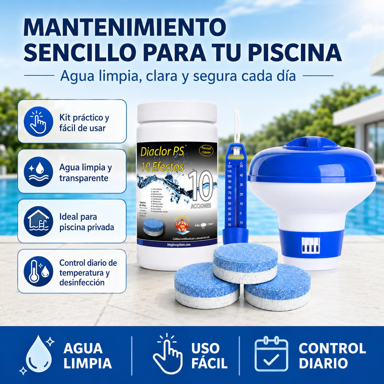 Kit Cloro Piscinas pequeñas DIACLOR PS 10 Efectos 1 KG (Pastillas 100 GR) Tratamiento Completo + DOSIFICADOR Grande + TERMÓMETRO