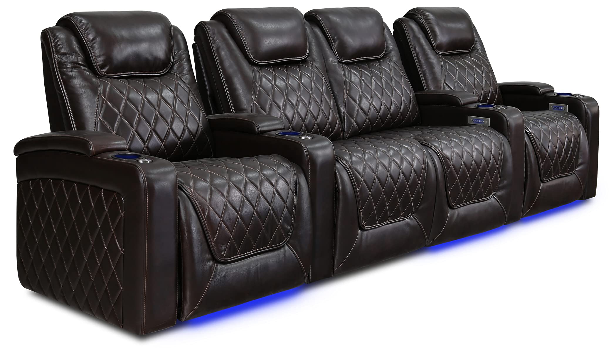 Valencia Oslo Home Theater Seating | Premium Top Grain Italian Nappa 11000 Leather, Power Recliner, Power Headrest, LED Lighting (Row of 4 Loveseat Center, Dark Chocolate)