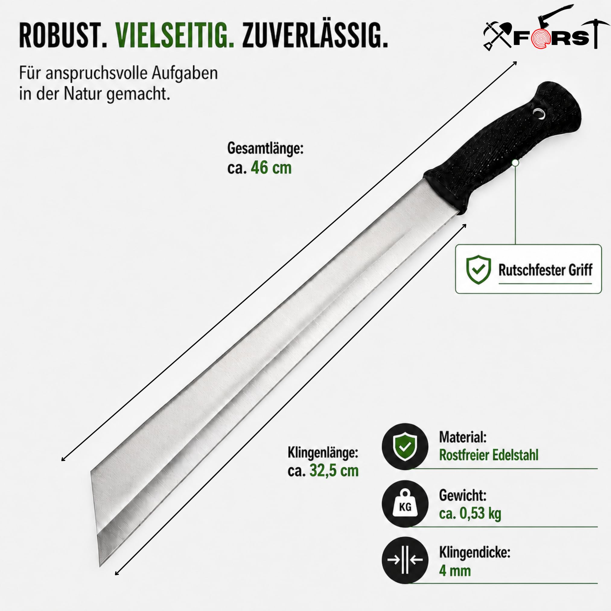Machete Xforst da Bosco, Roncola Professionale e Grande Coltello Outdoor, Attrezzo da Taglio per Giardino, Rovi, Rami e Legna, Acciaio Inossidabile, con Custodia, 46 cm, BUC
