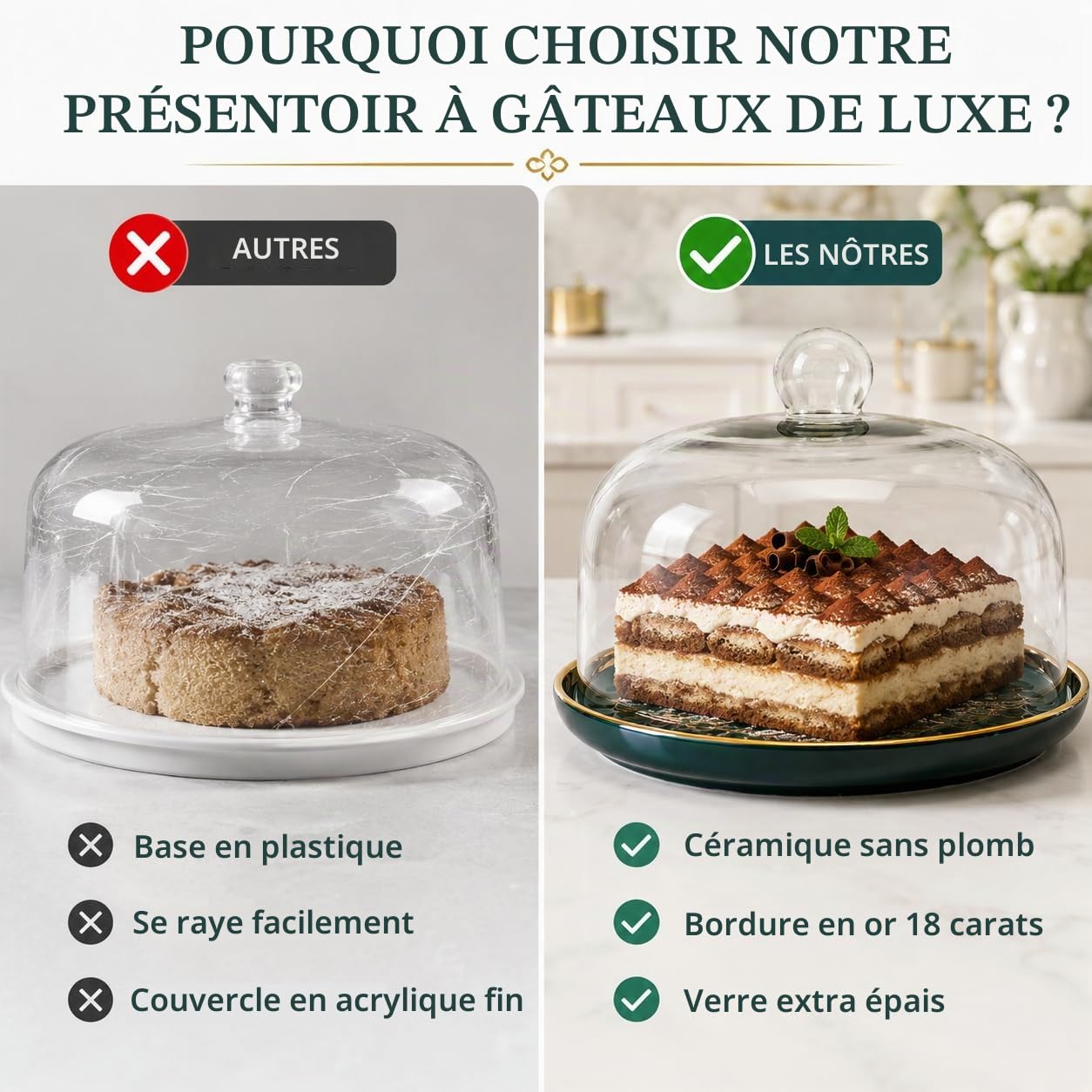Présentoir à gâteau en céramique avec Cloche en Verre,Assiette en Porcelaine avec Cloche à gâteau,Cloche à gâteau,Cloche à Fromage,Cloche en Verre,Couvercle Alimentaire de 10"