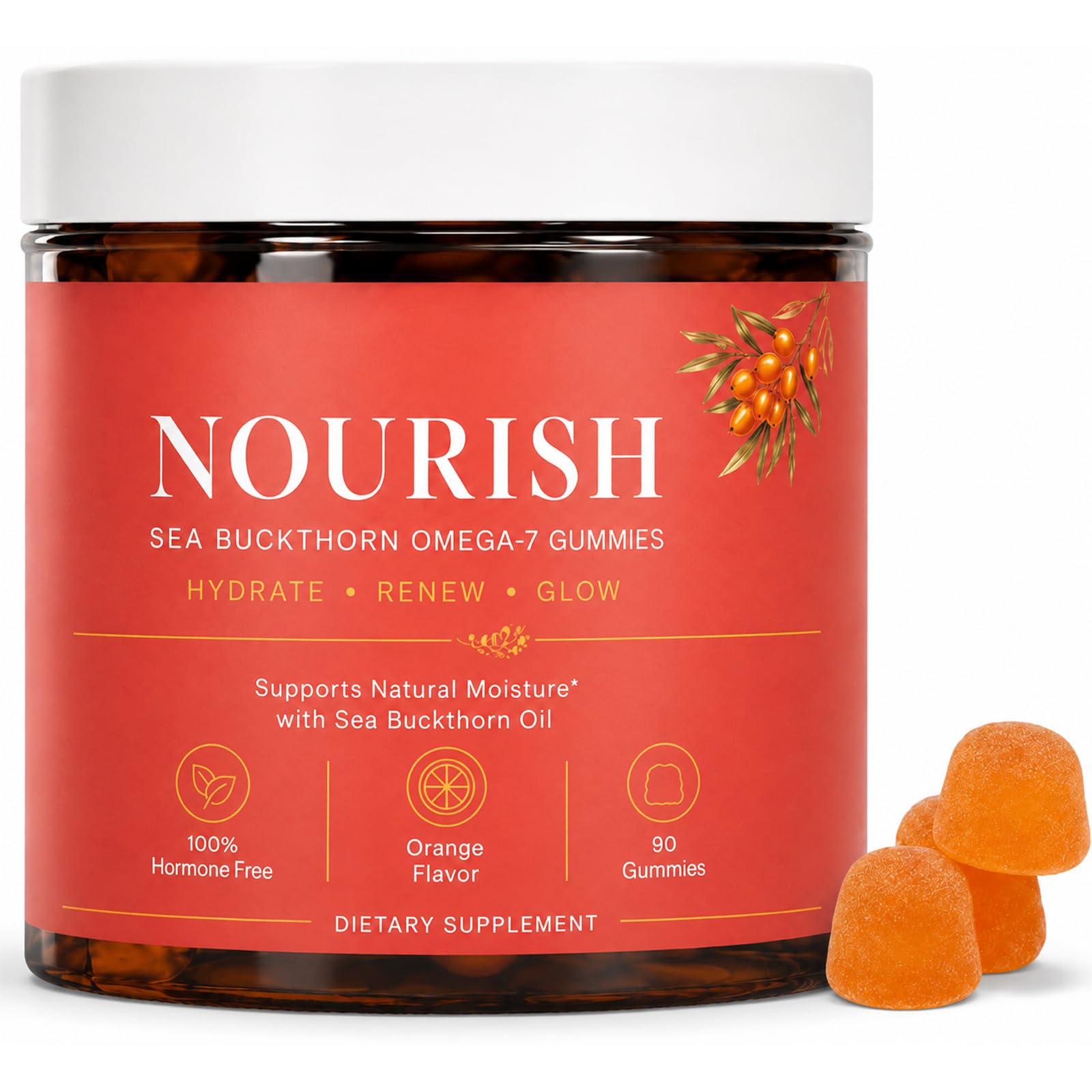 Nourish Gummies Sea Buckthorn, Omega-7 & Sea Buckthorn Oil, Skin Hydration & Balance Support for Women, Natural Orange Flavor - 90 Gummies
