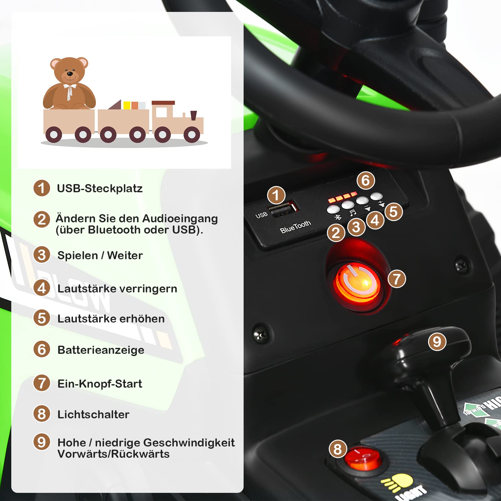 GOPLUS Tractor Eléctrico 12V para Niños de 3+ Años, Coche Eléctrico Infantil con Remolque y Control Remoto 2,4G, Vehículo Eléctrico con Faro LED Música Bluetooth, 3-8km/h, Carga Máxima 30KG