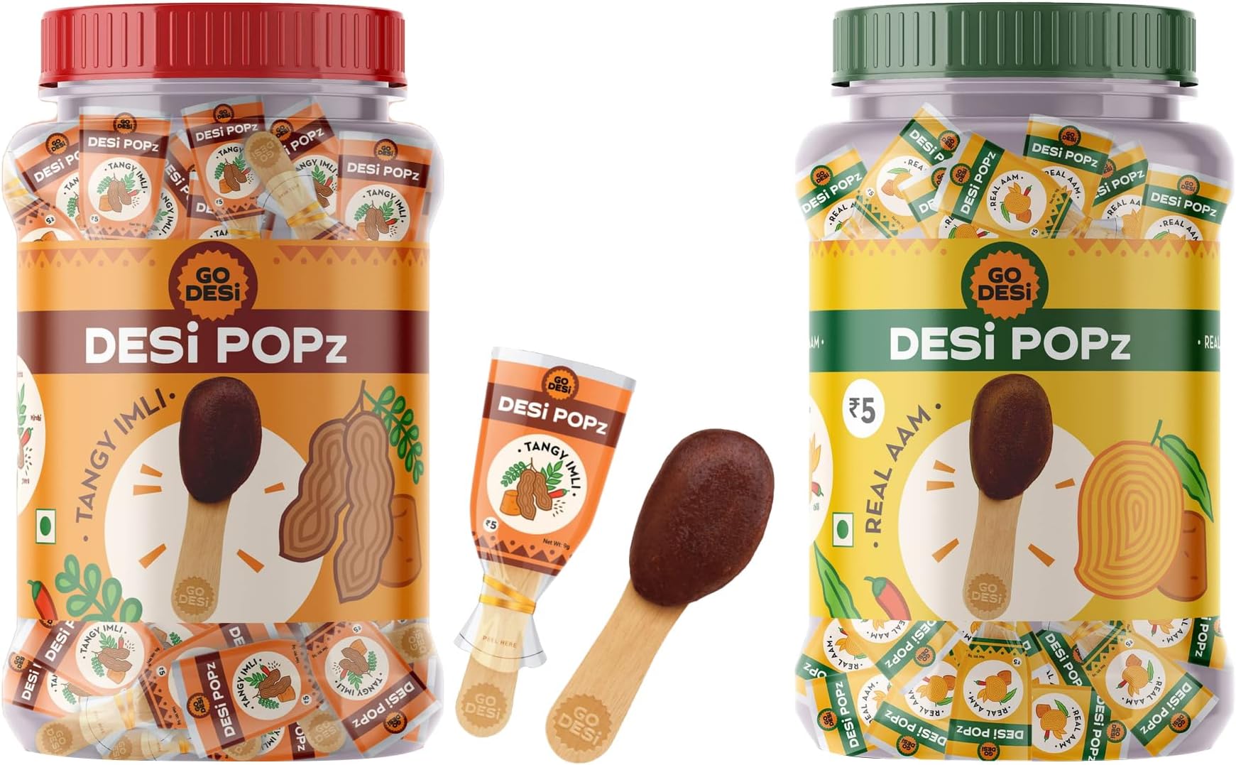 GO DESi Imli Pop Tamarind & Jaggery Candy | 100 Pieces | Tamarind & Jaggery Candy & GO DESi Popz Real Aam | 100 Pieces | Aam Candy | Fruit Snacks | Lollipop | Fruit Candy | Mango Pop