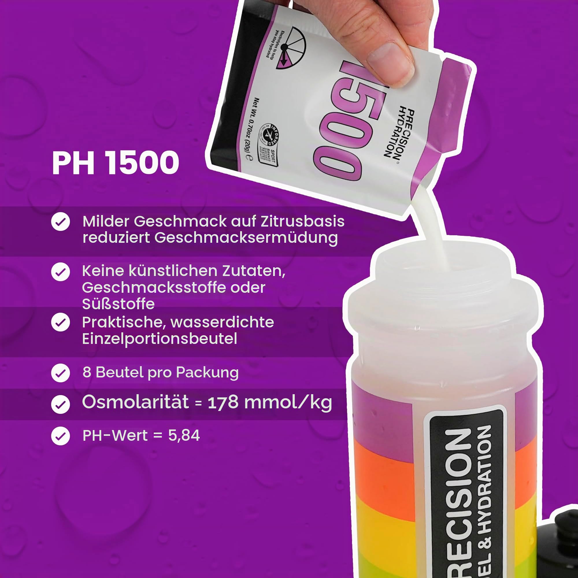 Precision Hydration Elektrolyt-Getränkepulver - Keine künstlichen Zutaten Elektrolyt-Pulver in verschiedenen Stärken - einzelne wasserdichte Portionen (Pack of 8, 1500 mg/L - Lila Paket)