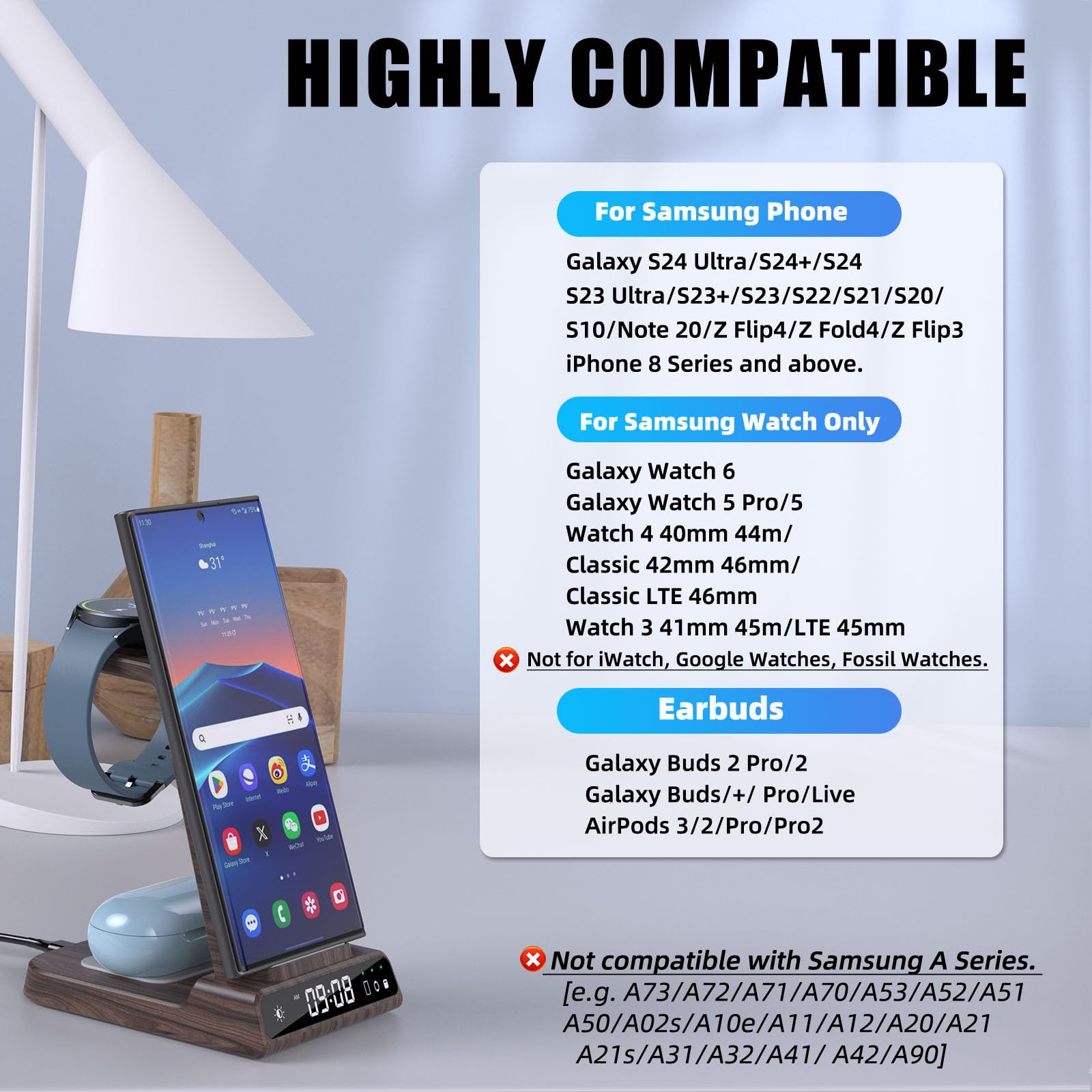 Wireless Charger for Samsung Charging Station, 3 in 1 Android Phone Wireless Charger for Samsung Galaxy S24 Ultra/S23 Ultra/Z Flip 5/Fold 5/Buds, Charger for Galaxy Watch 6/5 (for Samsung Watch Only)
