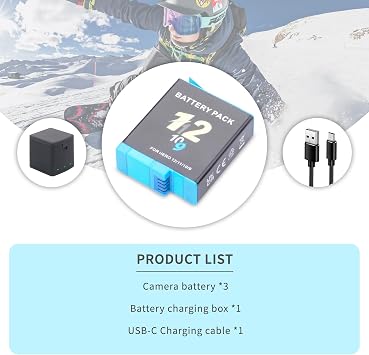 Hero 12/11/10/9 Battery 3Pack 2000mah with 3-Channel USB Storage Fast Charger Kit Fully Compatible for Hero 12, Hero 11, Hero 10, Hero 9 Black Official Camera Accessories Series 3.85V 2000MAH