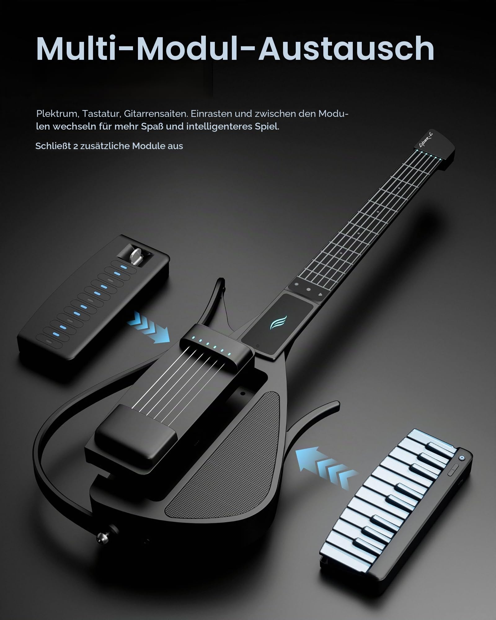 Enya CYBER-G Smart Gitarre – mit Silikonsaiten, 24 integrierten Sounds, schwarze leise Reise Anfänger Gitarre mit Lautsprecher, Drum-System, App & interaktiven Akkorden für Erwachsene & Teenager