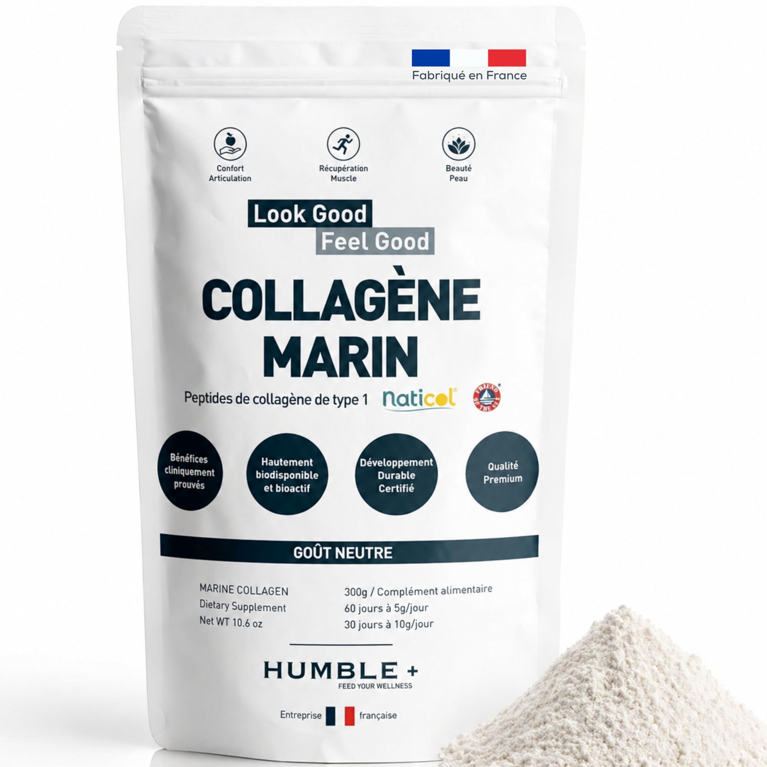 Collagène Marin Naticol® en poudre - Sachet de 300g - Goût Neutre - Confort articulaire, Récupération musculaire et Beauté de la Peau - 60 doses à 5g/​jour - Humble+ - Fabriqué en France