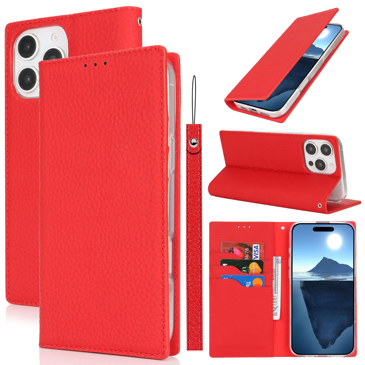 Phone Case Compatible for iPhone 16 Pro Max Case,Genuine Leather Flip Wallet Case,[3 Card Holders][Magnetic][RFID-Blocking][Lanyard] Protective Case Cover Compatible for iPhone 16 Pro Max - Red